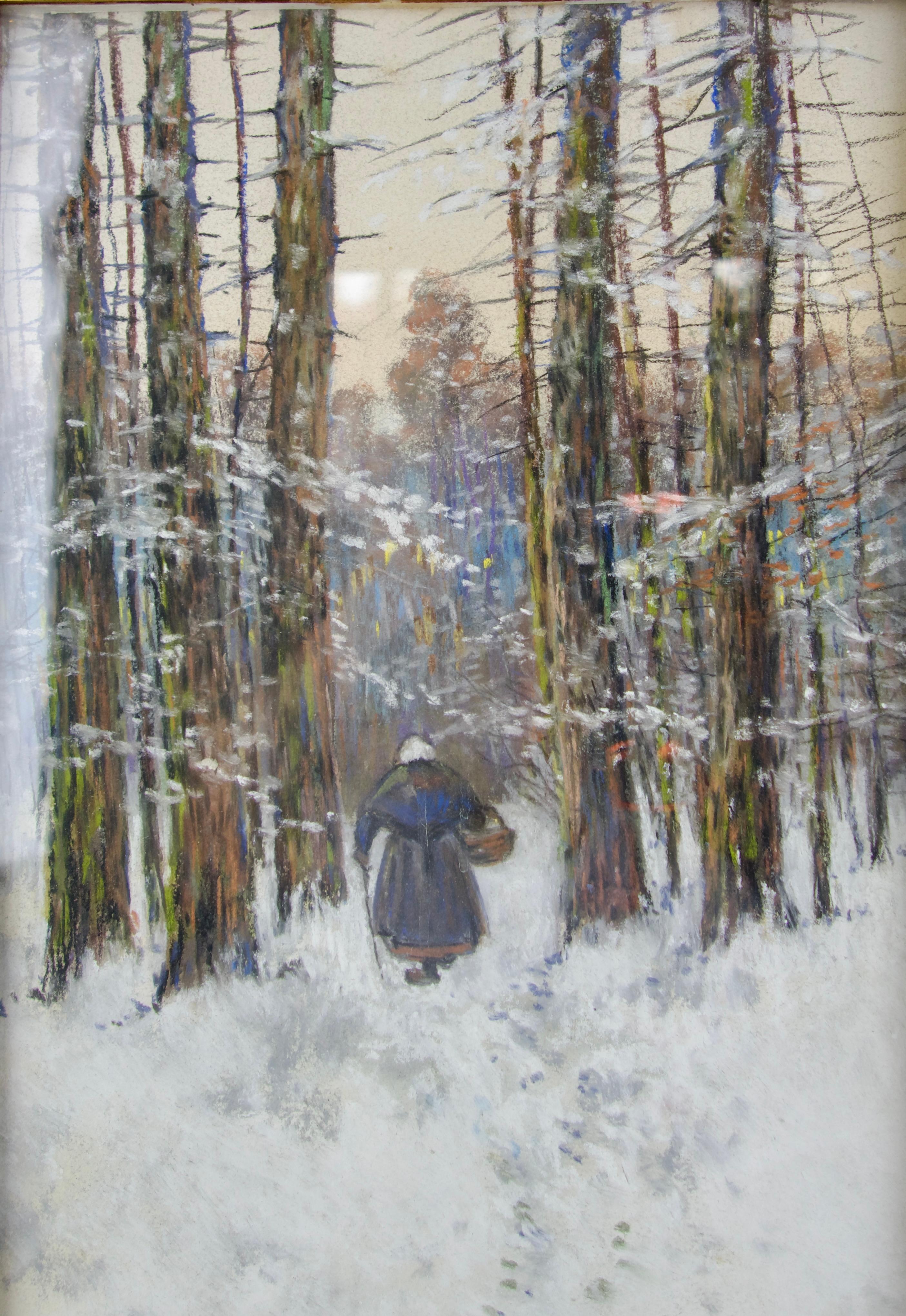 Romantic Ivan Ivanovitch Kowalski (1839-1937), Woman in Snowy Forest, France 1907 For Sale
