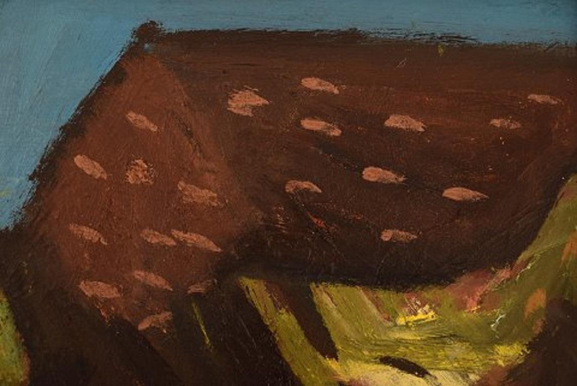 Scandinavo moderno Ivan Jordell Svezia, Olio su tavola, Paesaggio modernista, metà del XX secolo in vendita