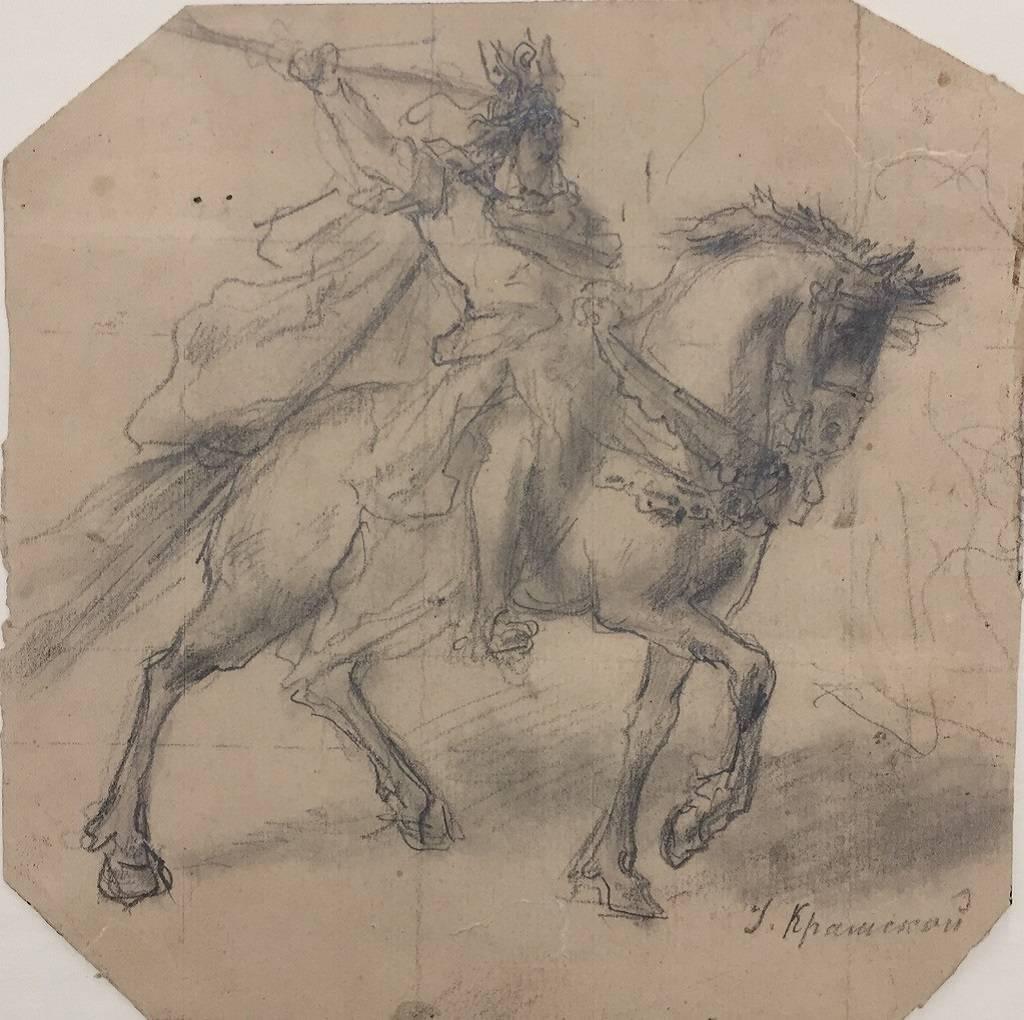 Soldier on horseback - Original Pencil Drawing by I. Kramskoi - 1970 ca. - Print by Ivan Kramskoi