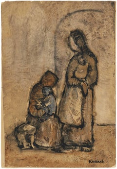 Family of Three, Mid Century Gouache on Paper