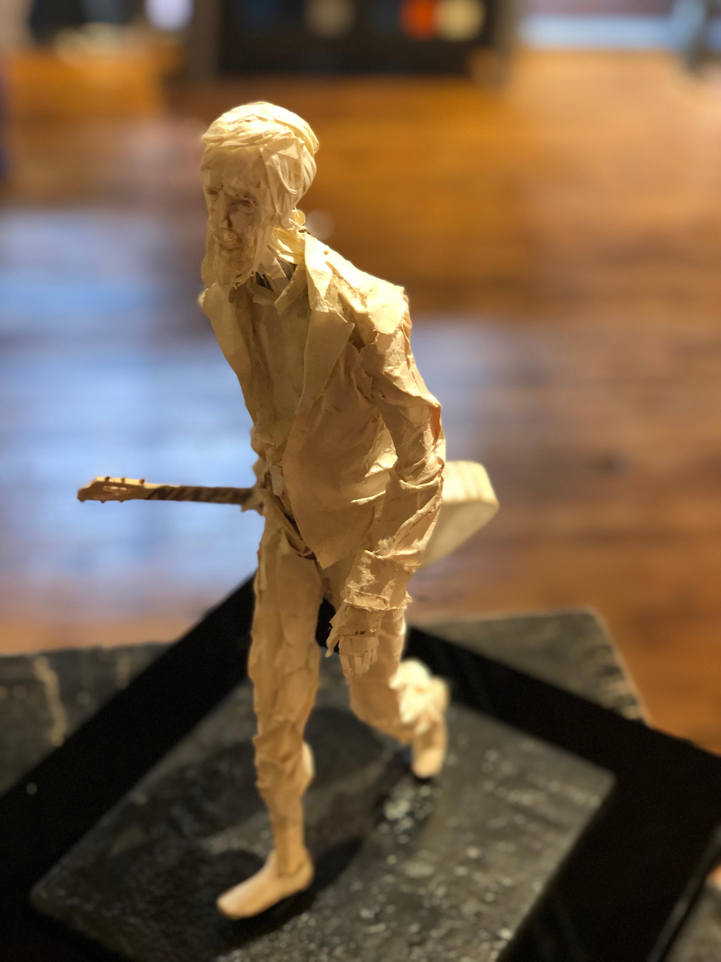 Jimmy - Handmade Paper Sculpture of a Street Musician with Guitar Walking 2