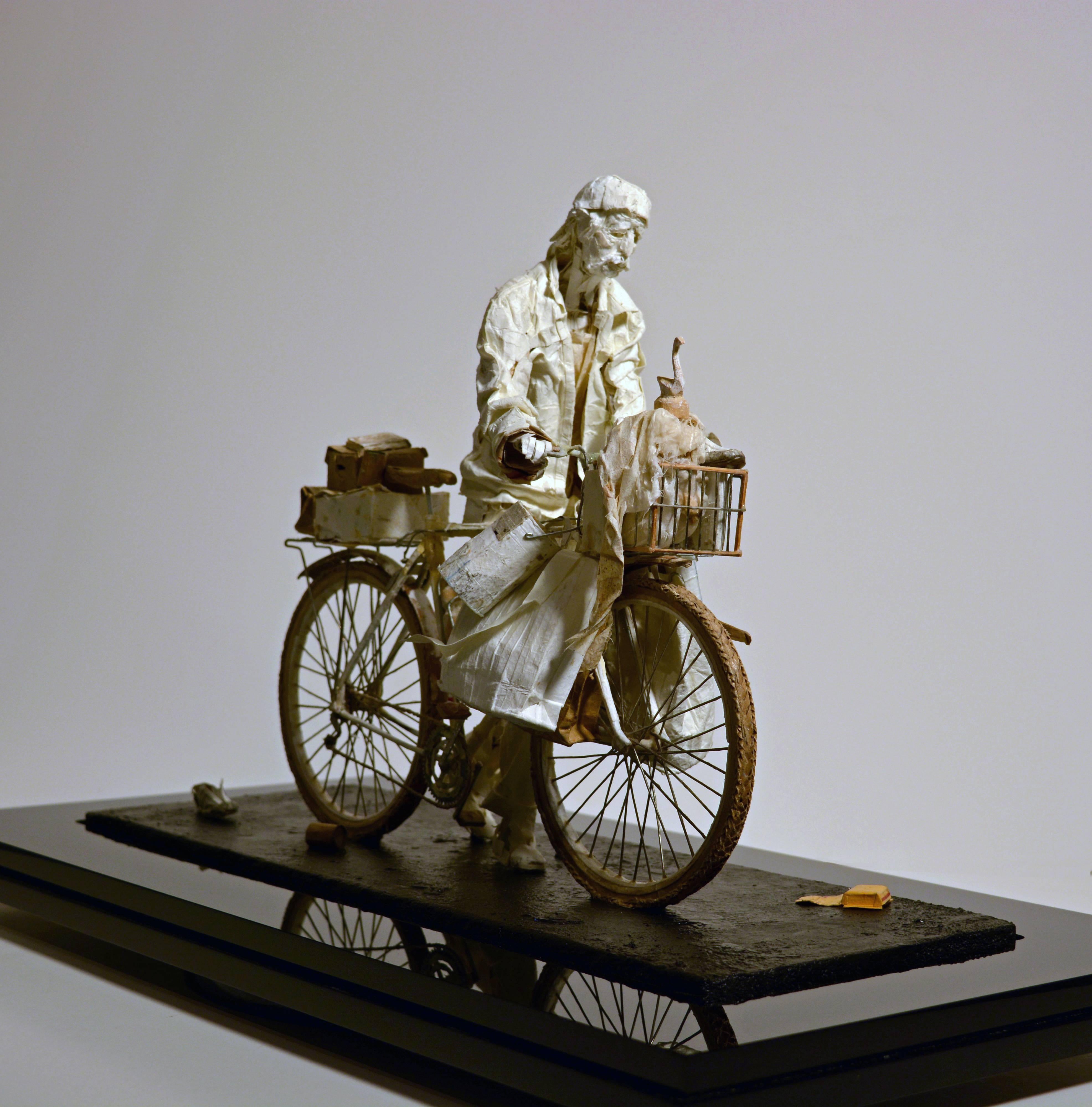 White Swan - Man on Bicycle Sculpture Made of Paper, Glue, Wire, and Wood - Mixed Media Art by Ivan Markovic