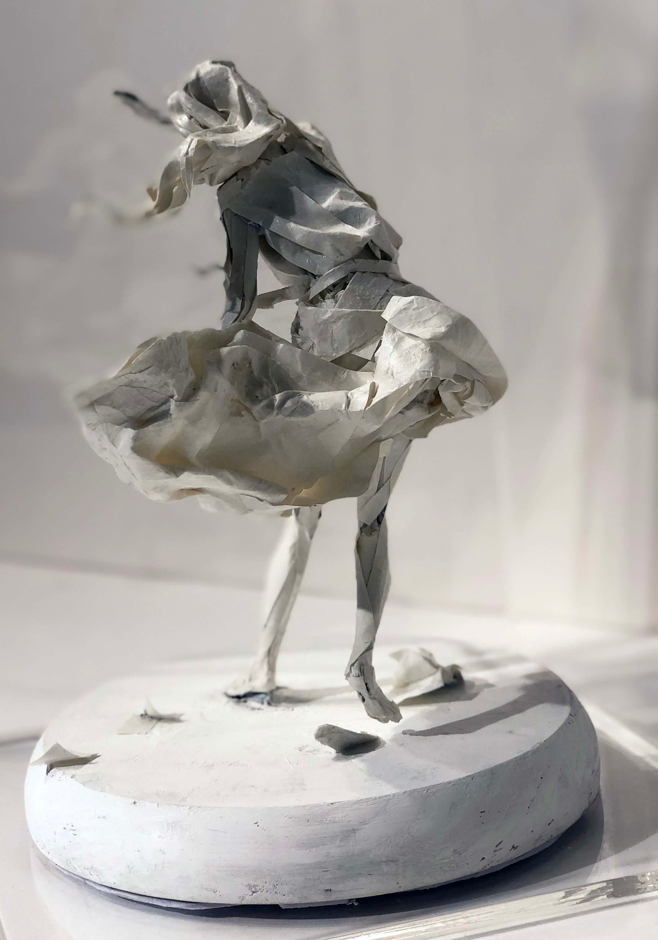 Windstorm - Paper Sculpture, Female Figure Swept Up in a Gust of Wind - Black Figurative Sculpture by Ivan Markovic