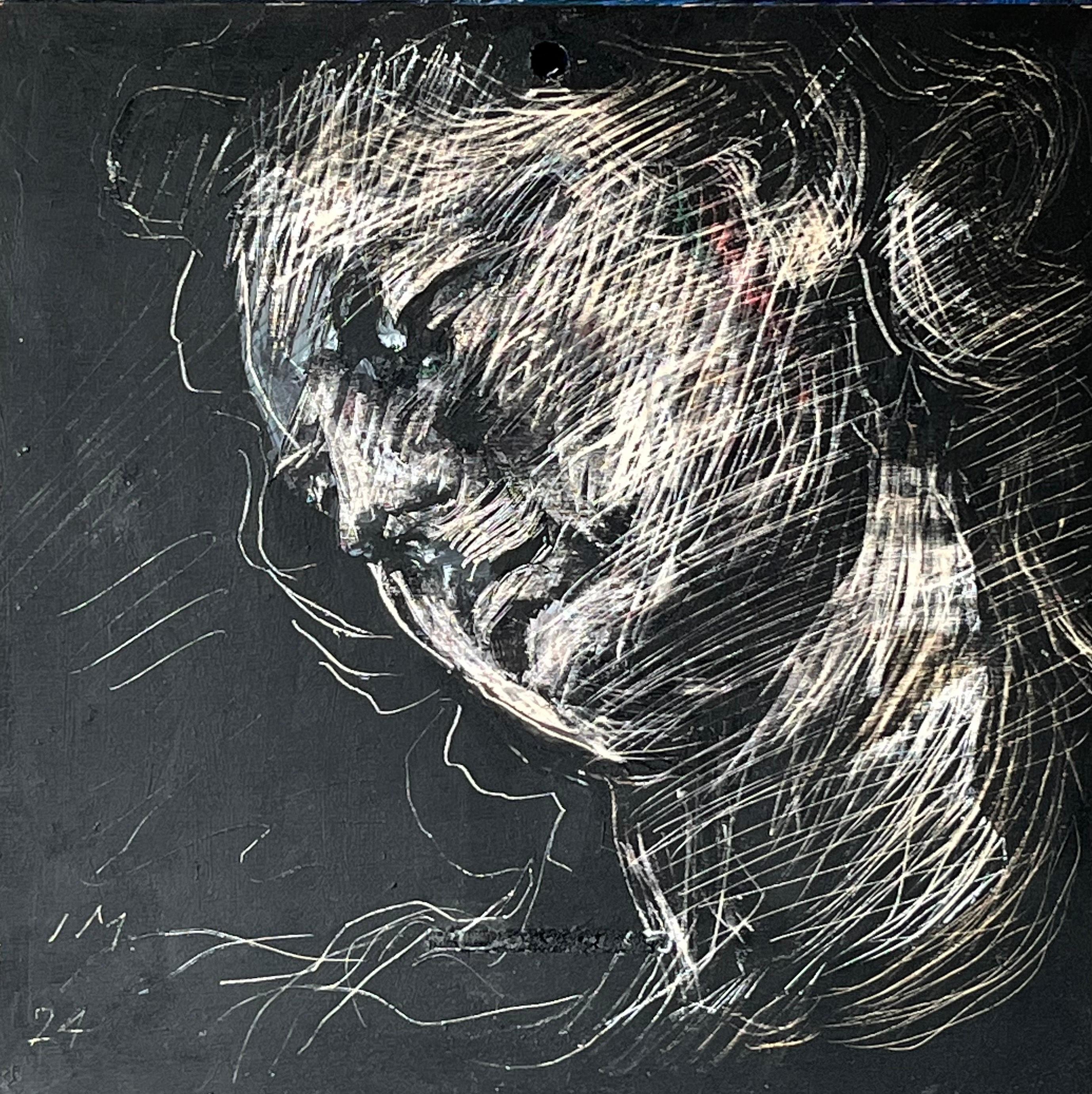 Ivan Markovic Figurative Painting - Portrait, After Angel w/Veil - Sgraffito Portrait of Bernini's Angel Sculpture