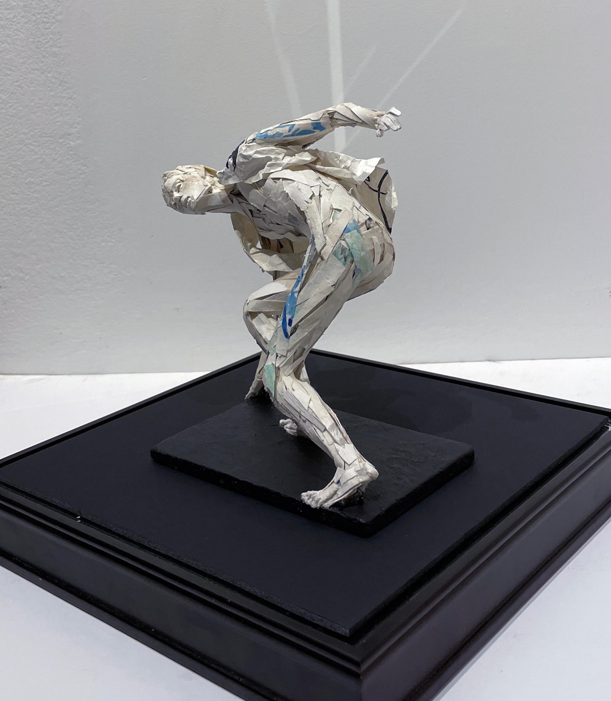 Figure Buffeted by Wind - Paper Sculpture, Male Swept Up in a Gust of Wind - Gray Figurative Sculpture by Ivan Markovic