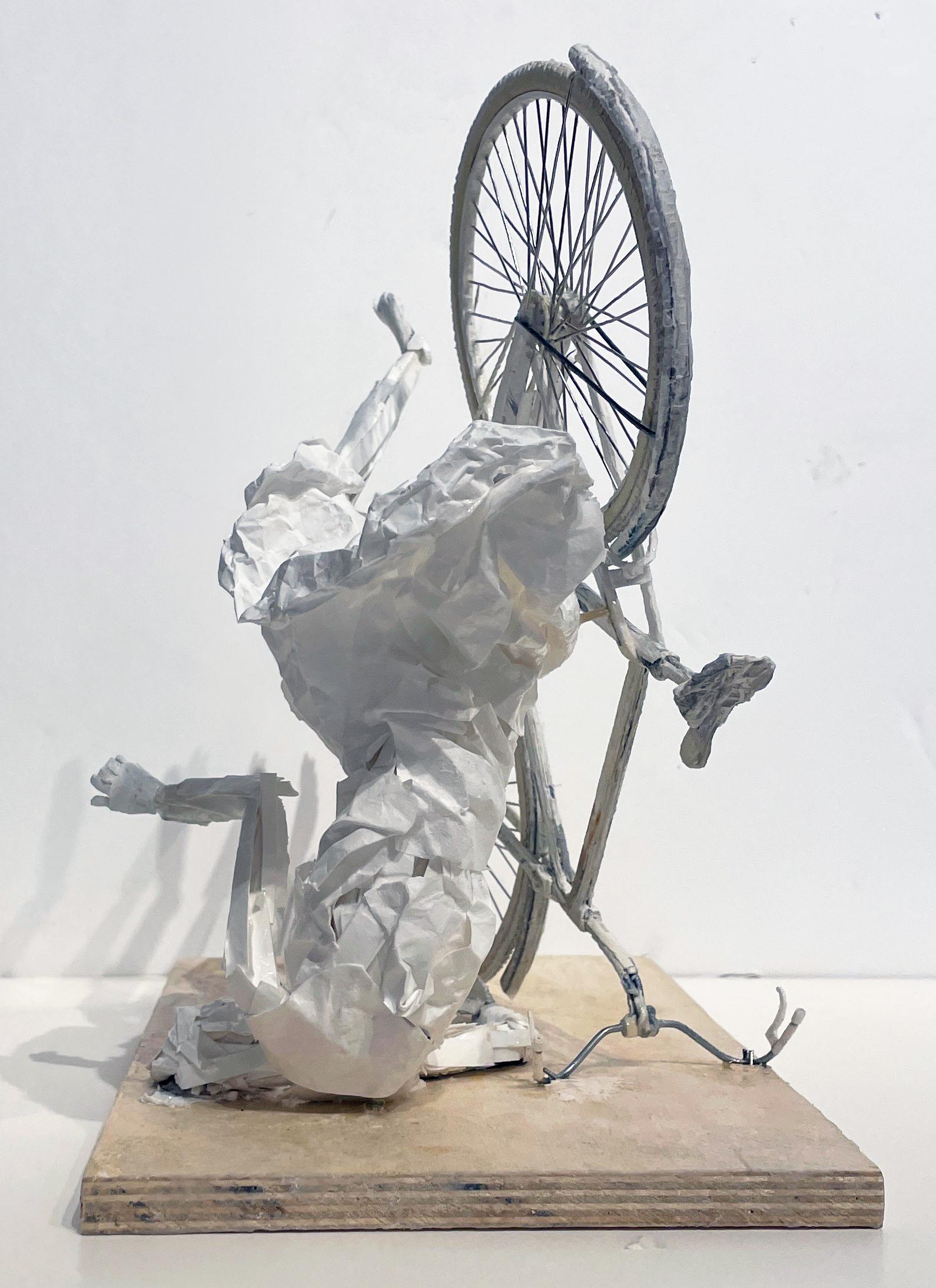 Falling Up - Highly Detailed Paper Sculpture of Woman Falling Off a Bicycle For Sale 4