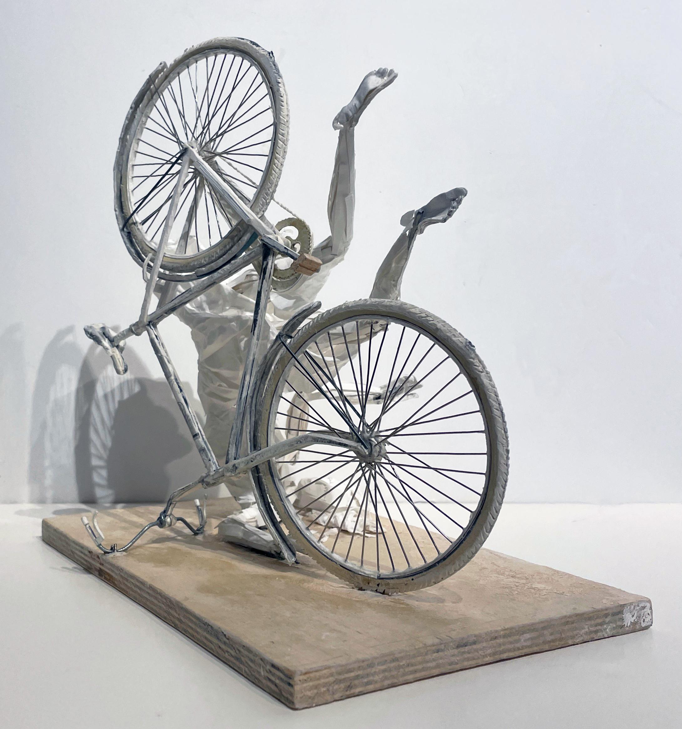Falling Up - Highly Detailed Paper Sculpture of Woman Falling Off a Bicycle - Gray Figurative Sculpture by Ivan Markovic