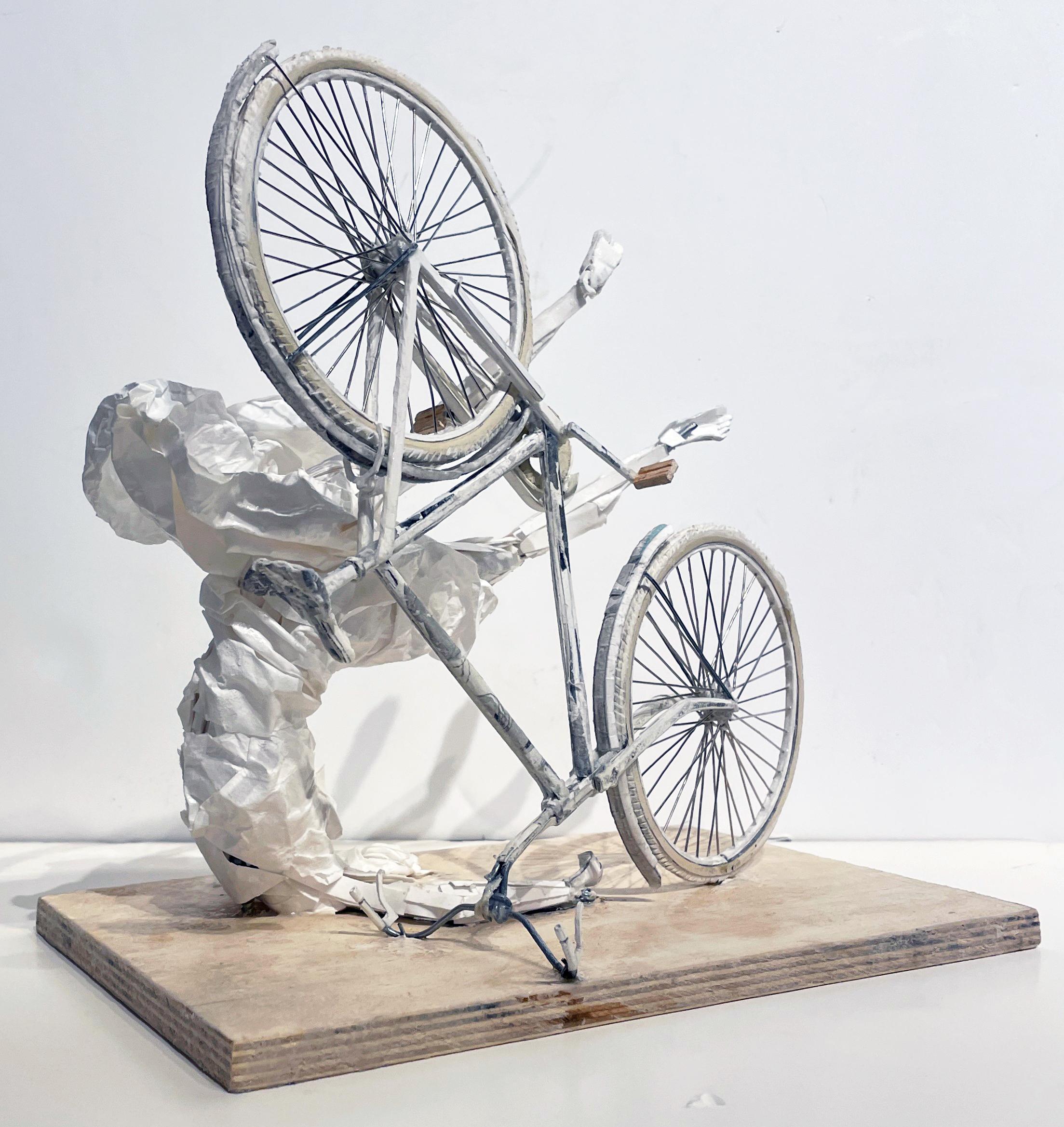 Falling Up - Highly Detailed Paper Sculpture of Woman Falling Off a Bicycle For Sale 1