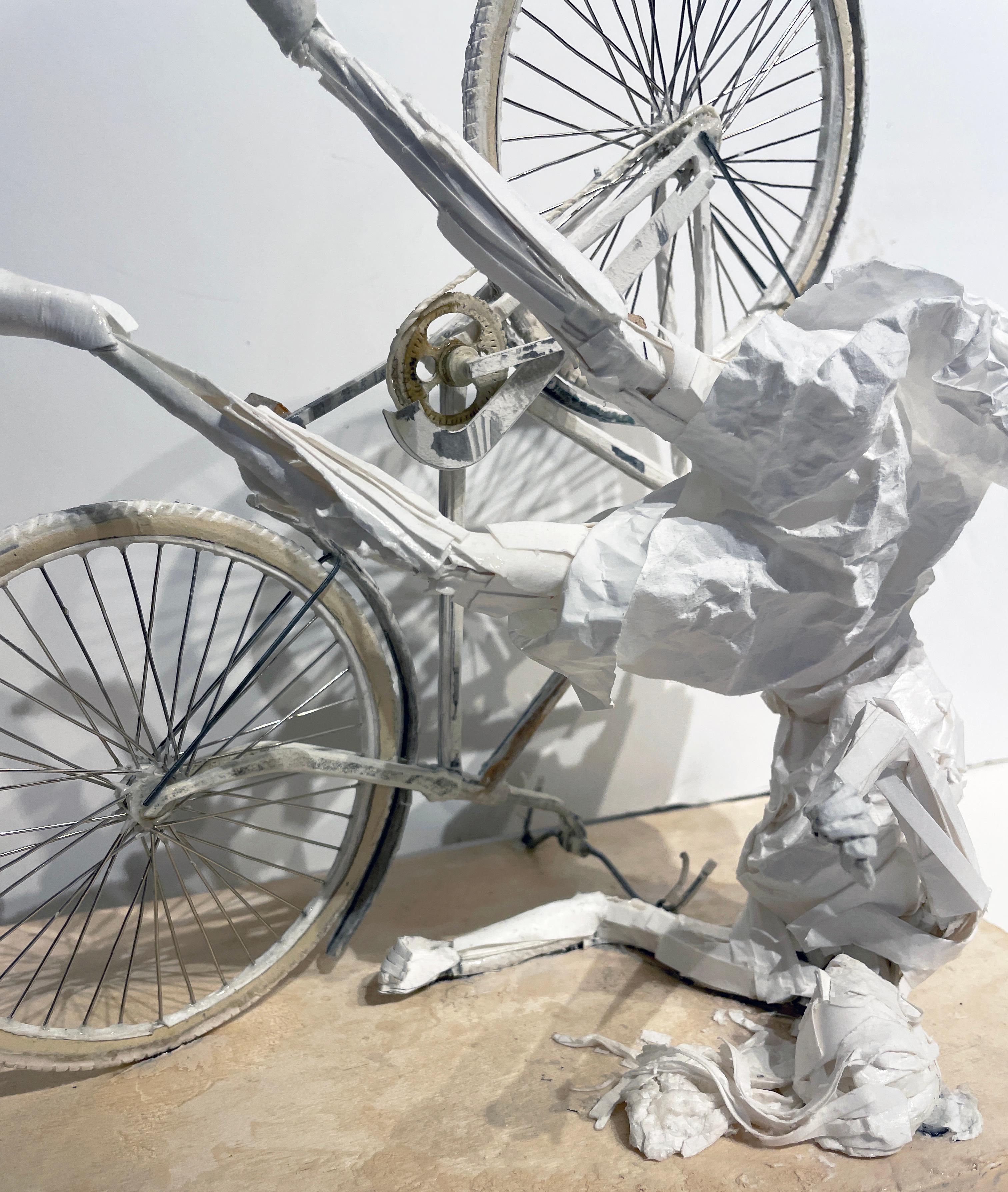 Falling Up - Highly Detailed Paper Sculpture of Woman Falling Off a Bicycle For Sale 2