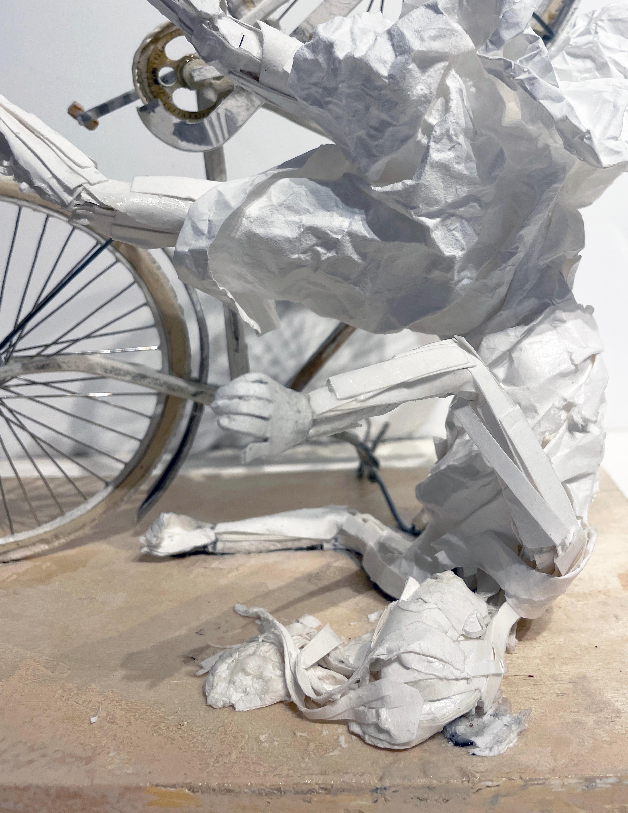 Falling Up - Highly Detailed Paper Sculpture of Woman Falling Off a Bicycle For Sale 3