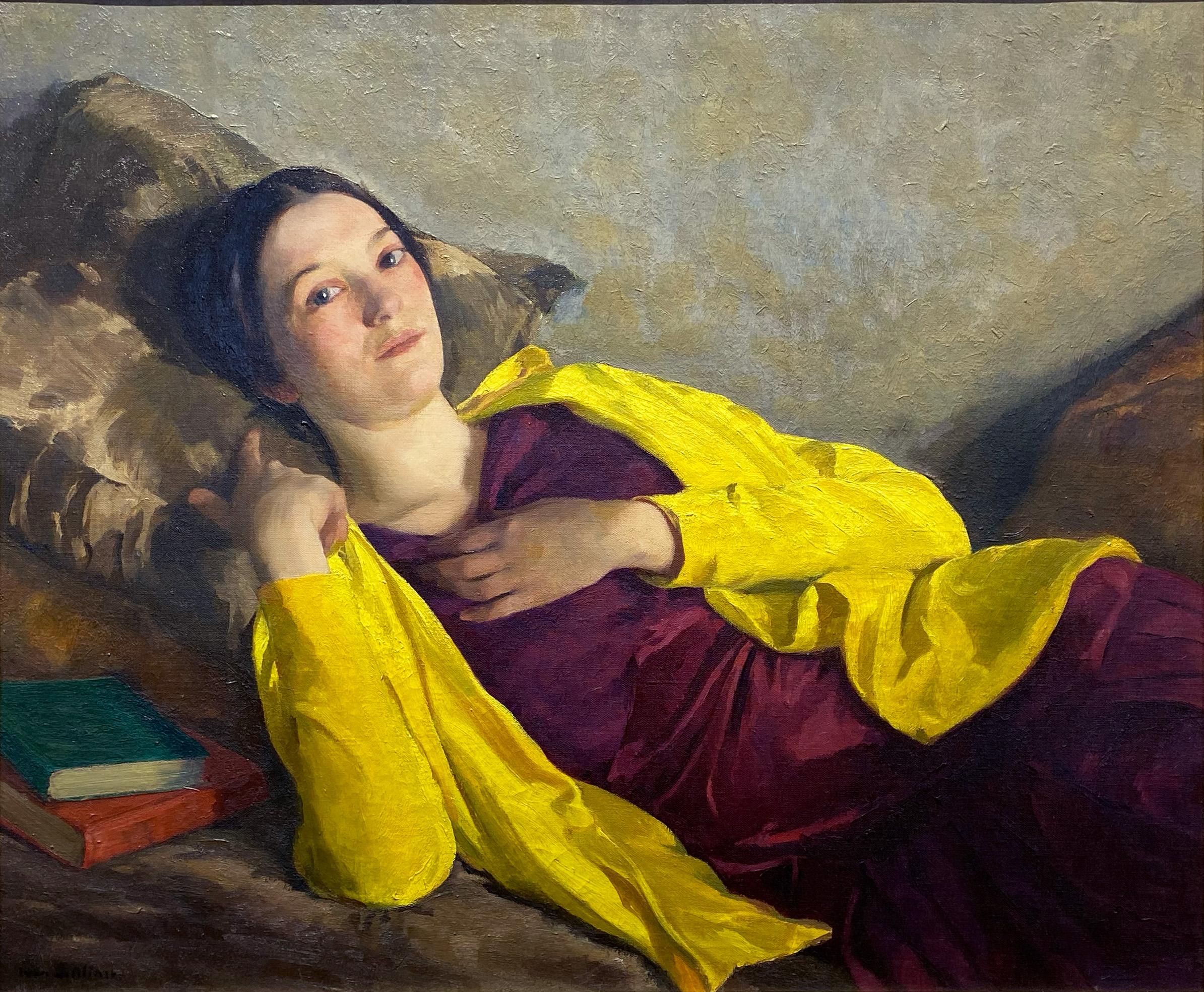 Pourpre et or, femme allongée - Académique Painting par ivan olinsky