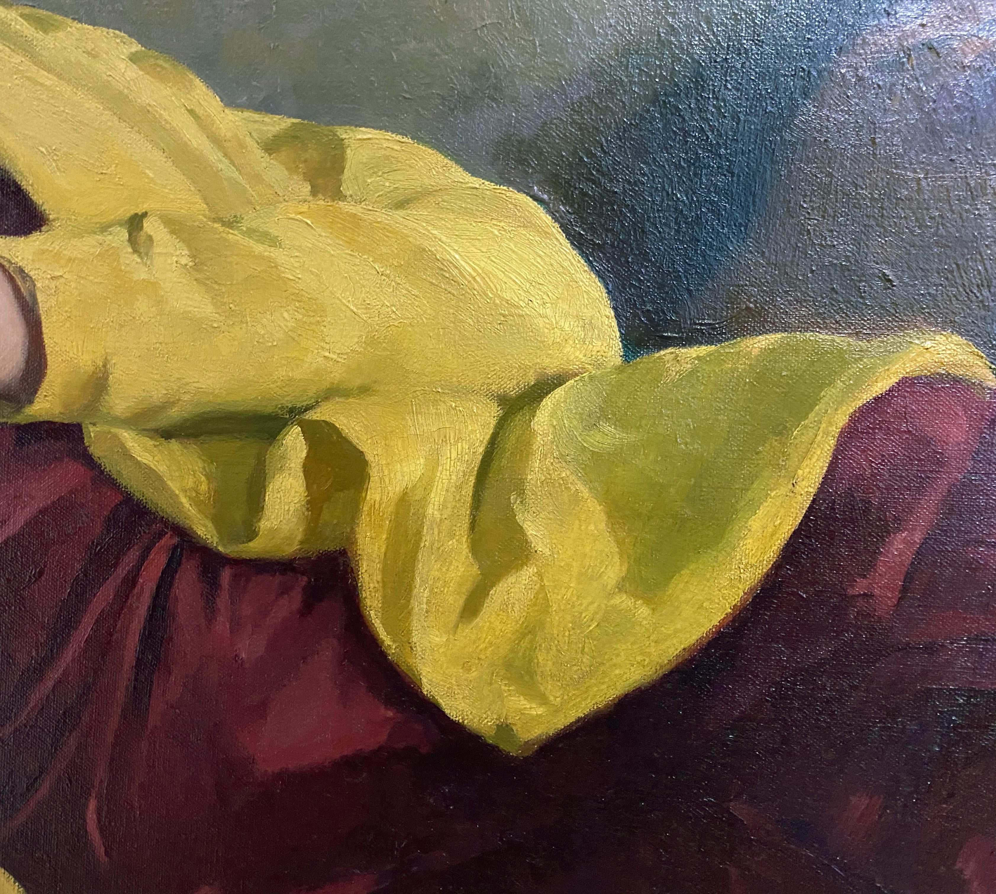 Purple and Gold est une œuvre saisissante et techniquement très bien peinte.  Olinksy était un artiste figuratif qui, plus tôt dans sa carrière, était un impressionniste américain. Lorsqu'il a peint ce tableau, il a évolué avec son temps et a