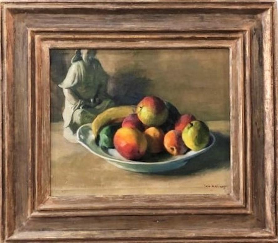 Artist: Ivan Grigorewitch Olinsky (Russian-American, 1878 1962)
Subject: Still life w/ Chinese porcelain figurine & fruits
Period: 1920’s
Medium: Oil on canvas, framed
Signature: Signed 'Ivan Olinsky’ lower right
Dimensions: H: 16”, W: