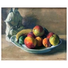 Ivan Olinsky, Nature morte avec figurine et fruits en porcelaine chinoise, peinture O/C, C