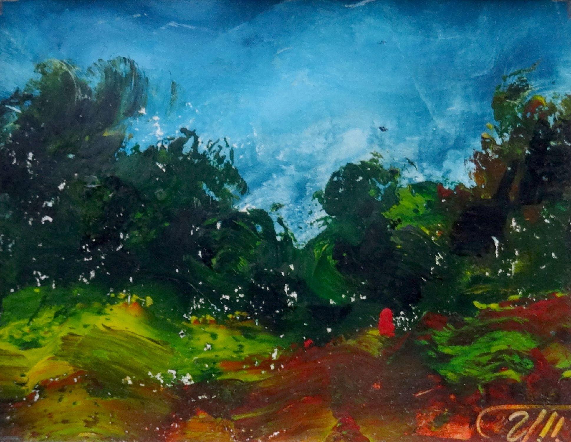 Ivan Pustoskin Landscape Painting - In greens  2005, cardboard, oil, 11x13 cm