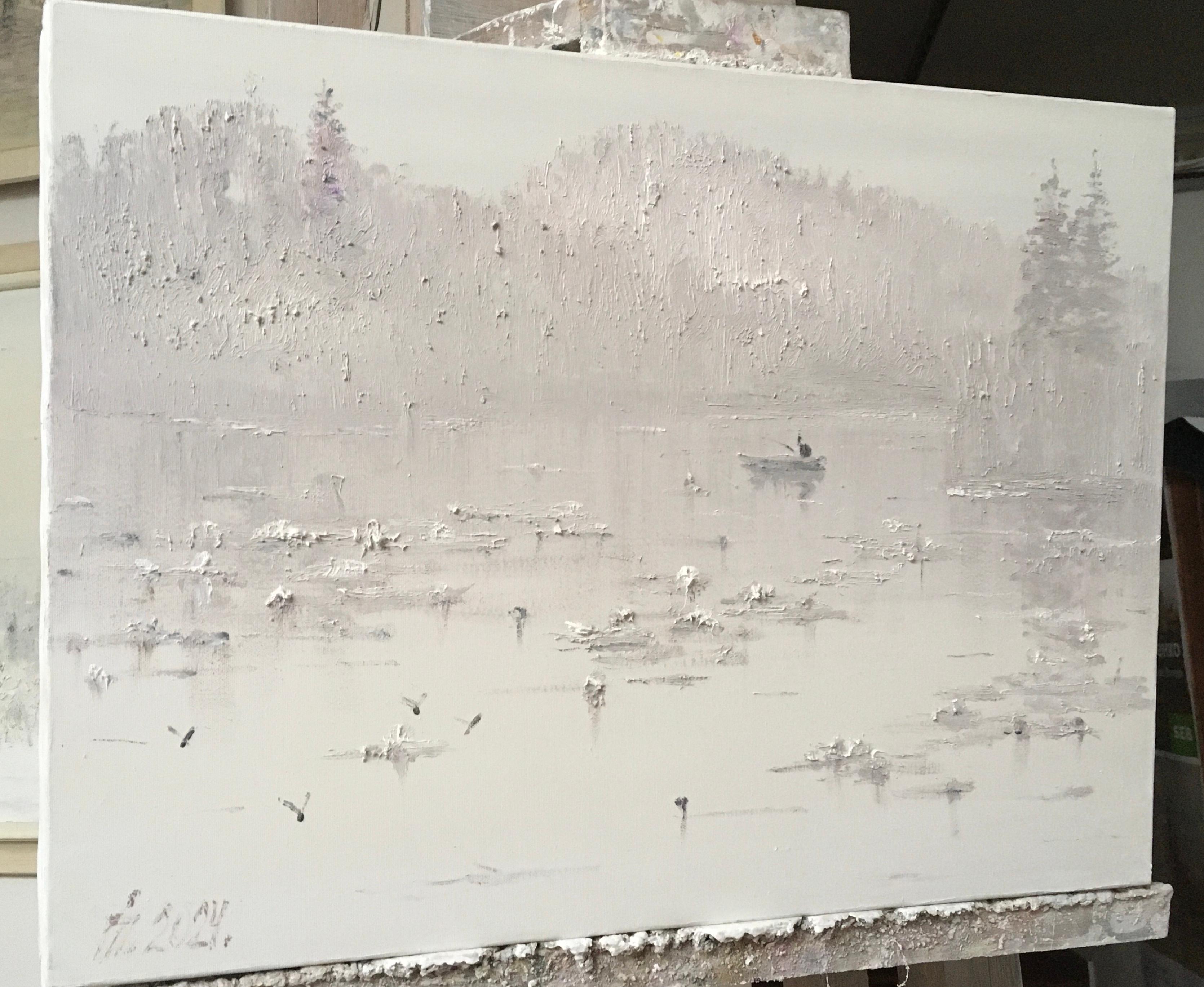 This painting is like a breath of fog that forgot to melt away. Everything here seems to have frozen between sleep and memory: the silence is so thick that it seems you could scoop it up with a spoon. In the middle of the gray water, like a memory,