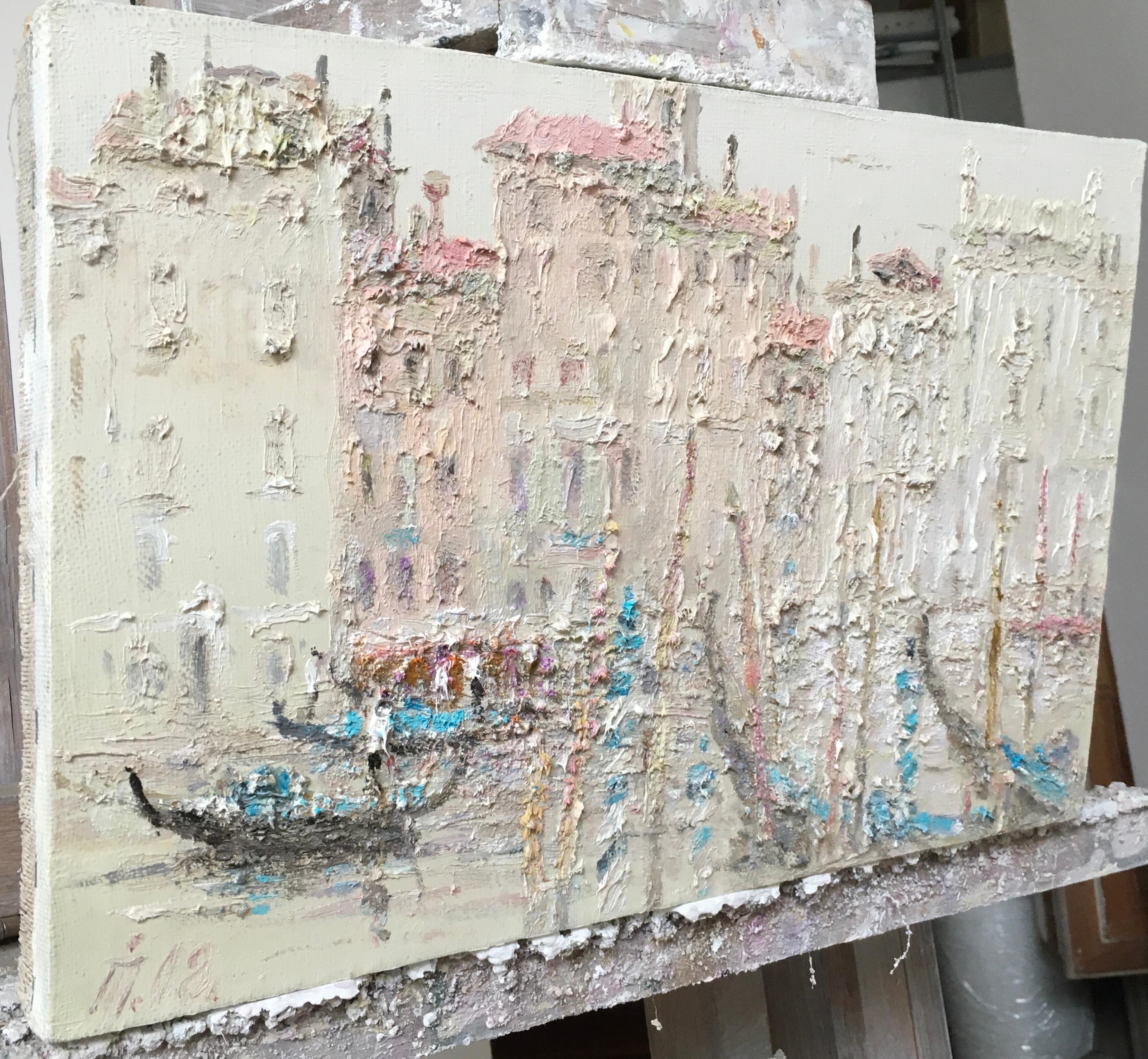 The painting depicts a picturesque scene with gondolas on a canal in Venice. The artist used an impasto technique: thick strokes of paint create a relief, almost sculptural surface of the canvas. Thanks to this, the architecture and water seem to