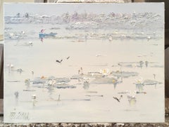 «El lago de los lirios blancos», pintura paisajística impresionista, óleo sobre lienzo, 2018