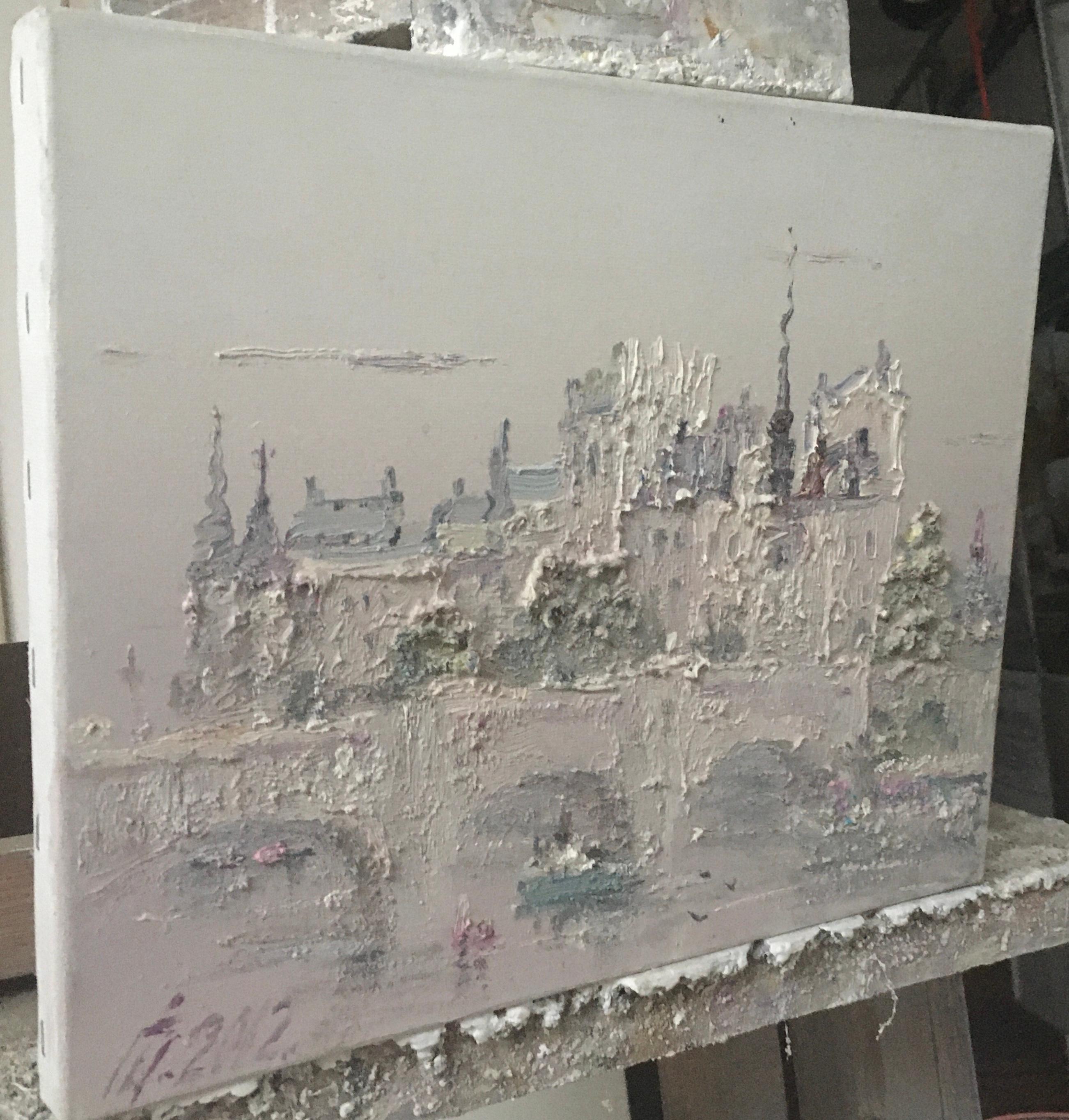 The painting conveys a delicate, almost ghostly cityscape, painted with thick, relief strokes. The artist uses pastel, muted tones—pinkish gray, cream, light blue—that create a feeling of fog or morning haze.

In the center of the composition is the