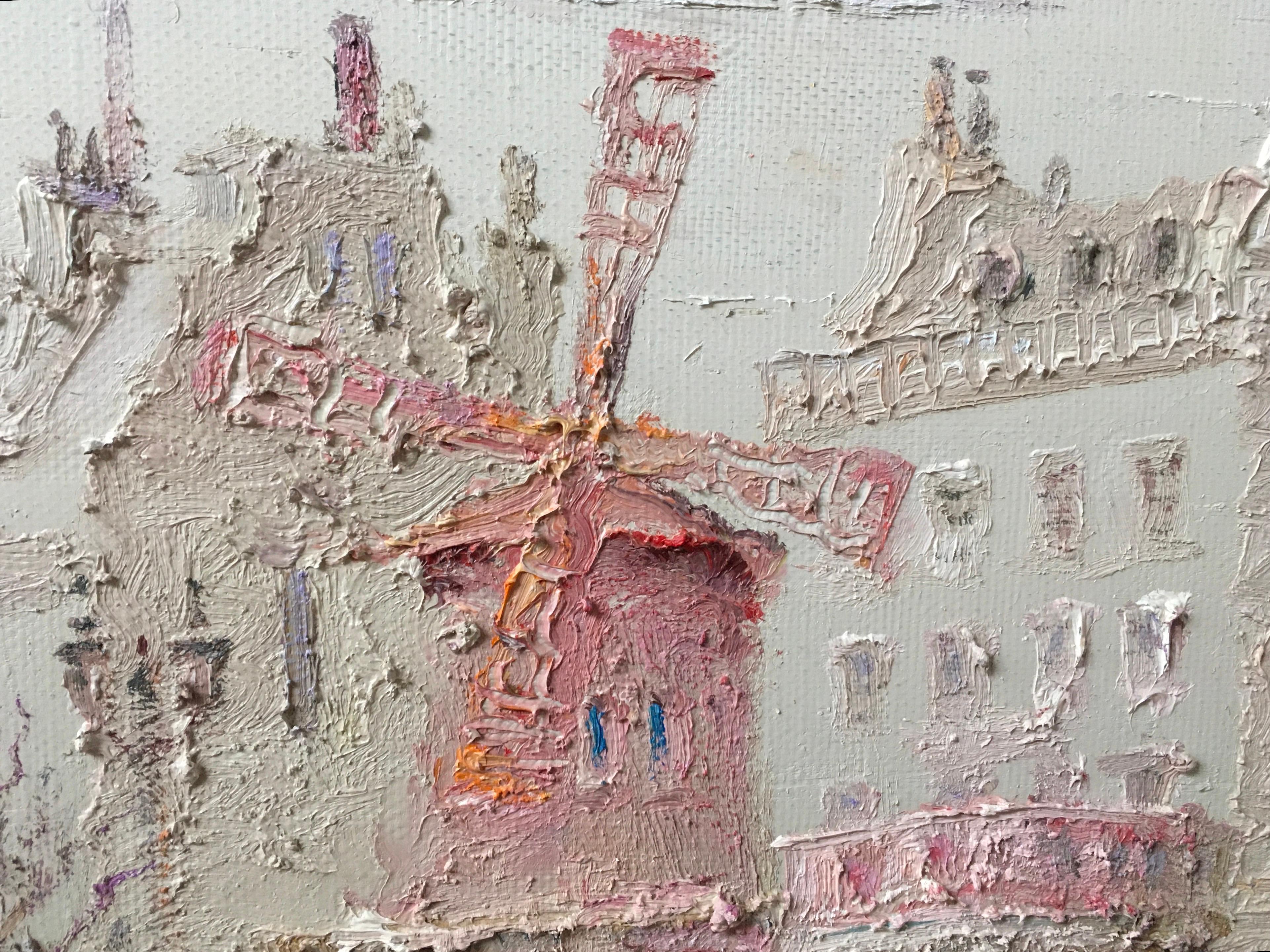 This painting depicts a peaceful cityscape in soft, light tones. In the center of the composition stands a red windmill — an accent among the pale facades of old houses. Its shape and color immediately attract attention, creating a warm contrast