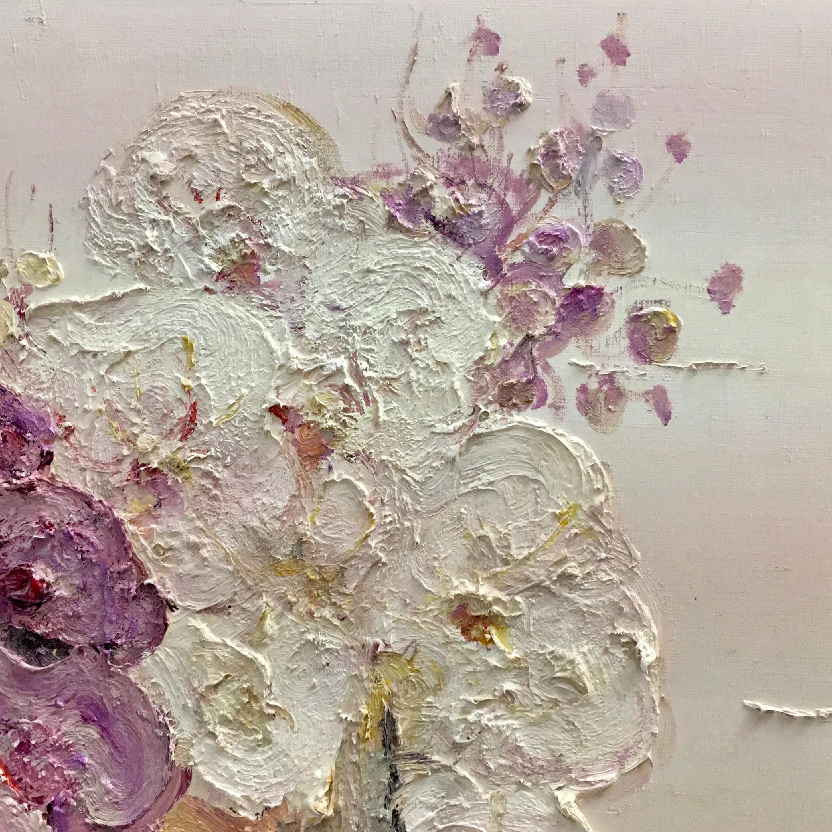 This is a delicate, textured painting, executed with impasto strokes, where the paint is applied in a thick layer, creating relief and a sense of volume.

The canvas depicts a lush floral composition in a light, almost airy palette. Milky white,