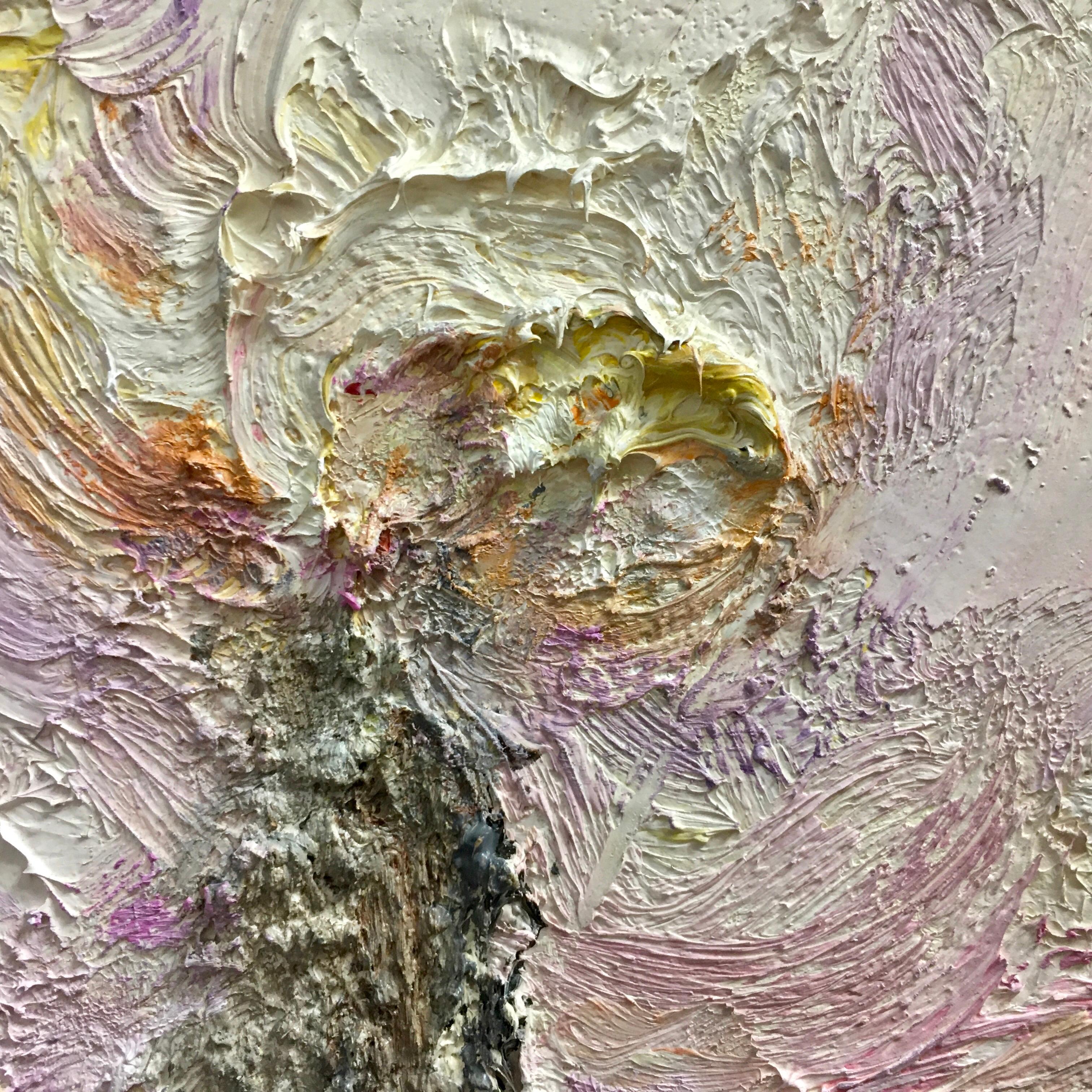 This is a delicate, emotional painting, executed in the technique of impasto painting, where the paint is applied in thick, relief strokes, creating a tangible texture and volume.

In the center of the composition is a lush bouquet of light-colored