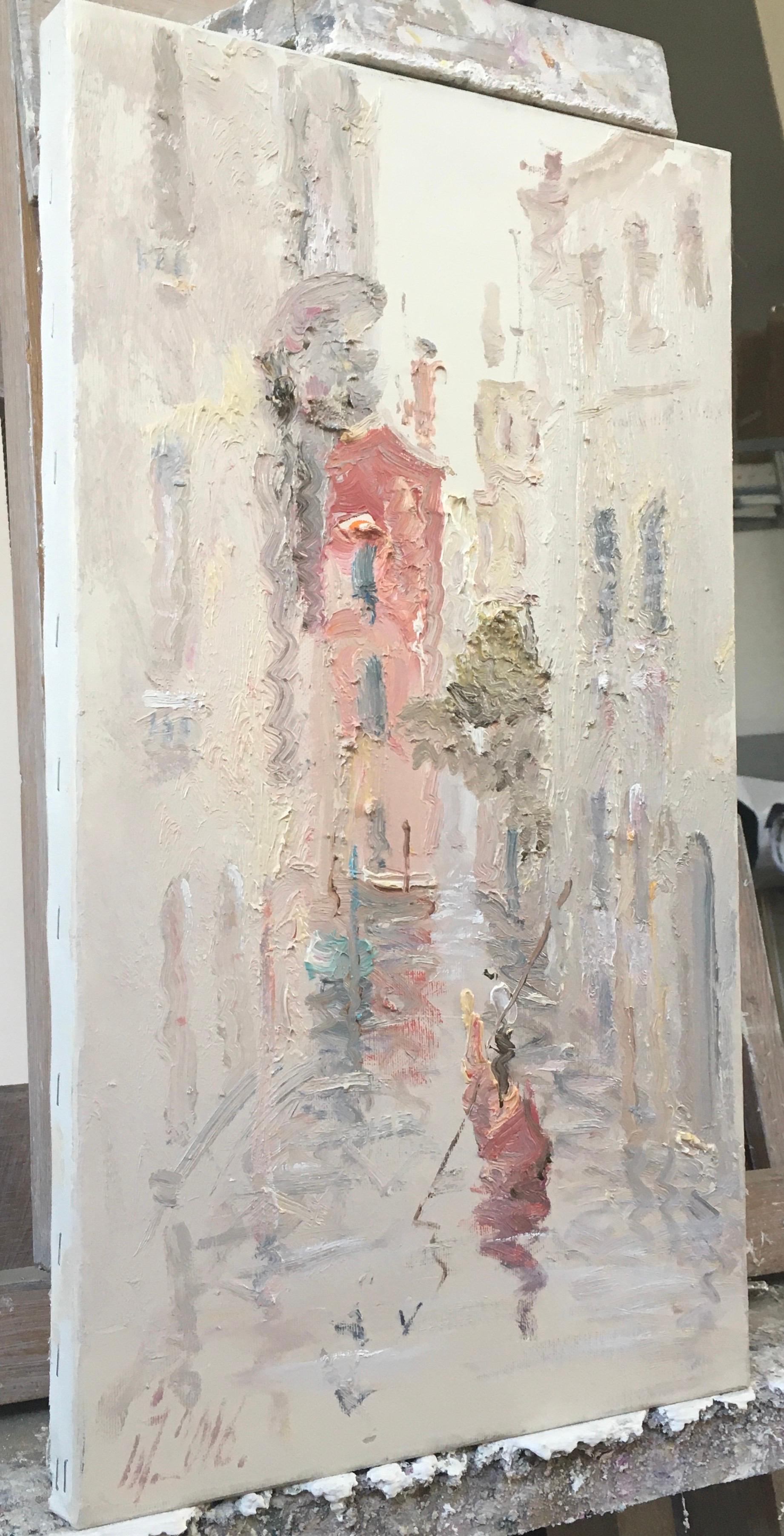 The image depicts an urban landscape painted in the impressionist style.

- **Foreground**: In the foreground, we see a gondola with two figures floating down a narrow canal. One of the figures is rowing, creating a slight impression of movement.
 