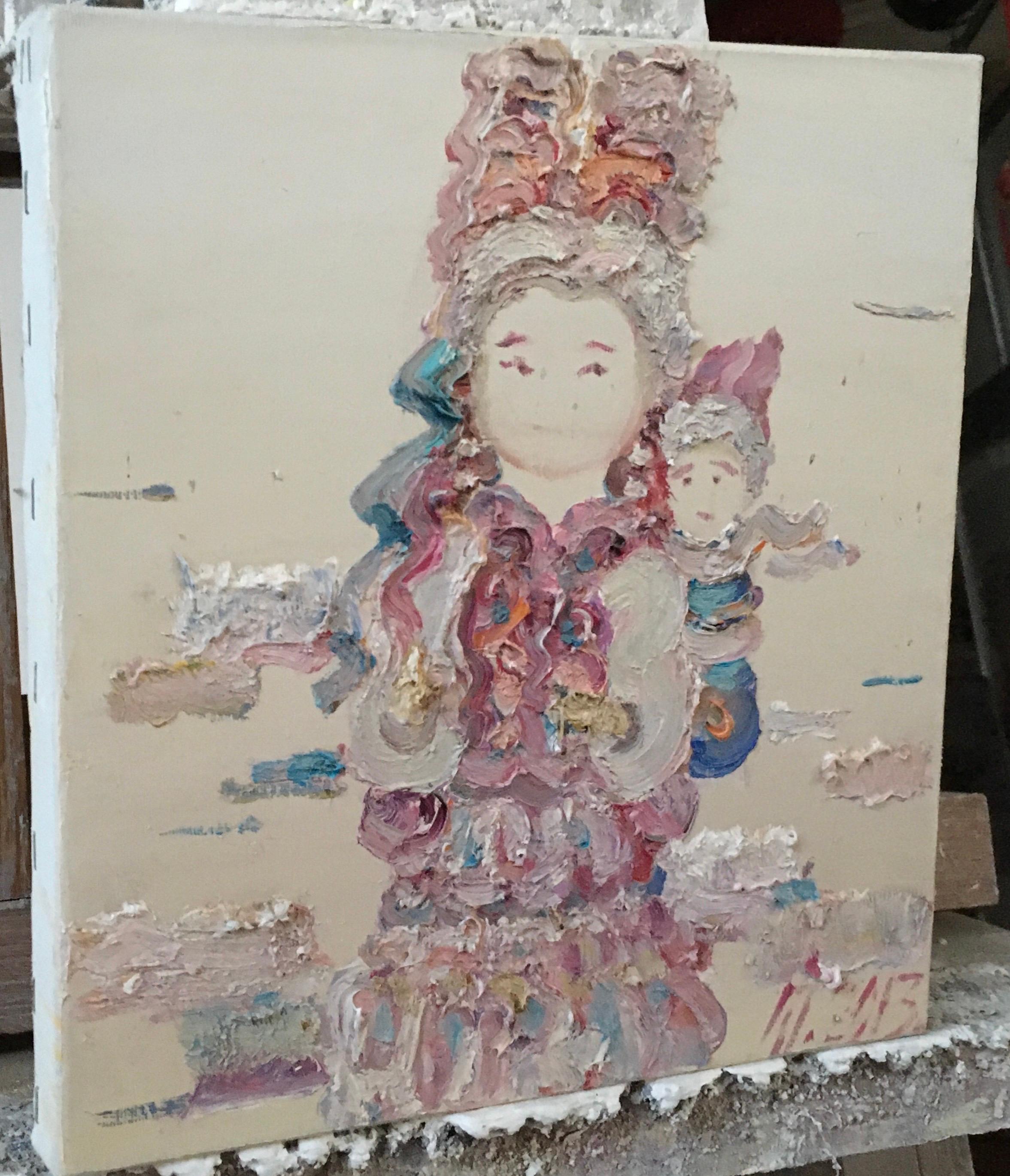 This canvas is executed in a distinctly impasto style, with paint applied in thick layers to create relief and texture. The painting depicts two figures—an adult and a child.

The central figure has a softly outlined face, without clear details,