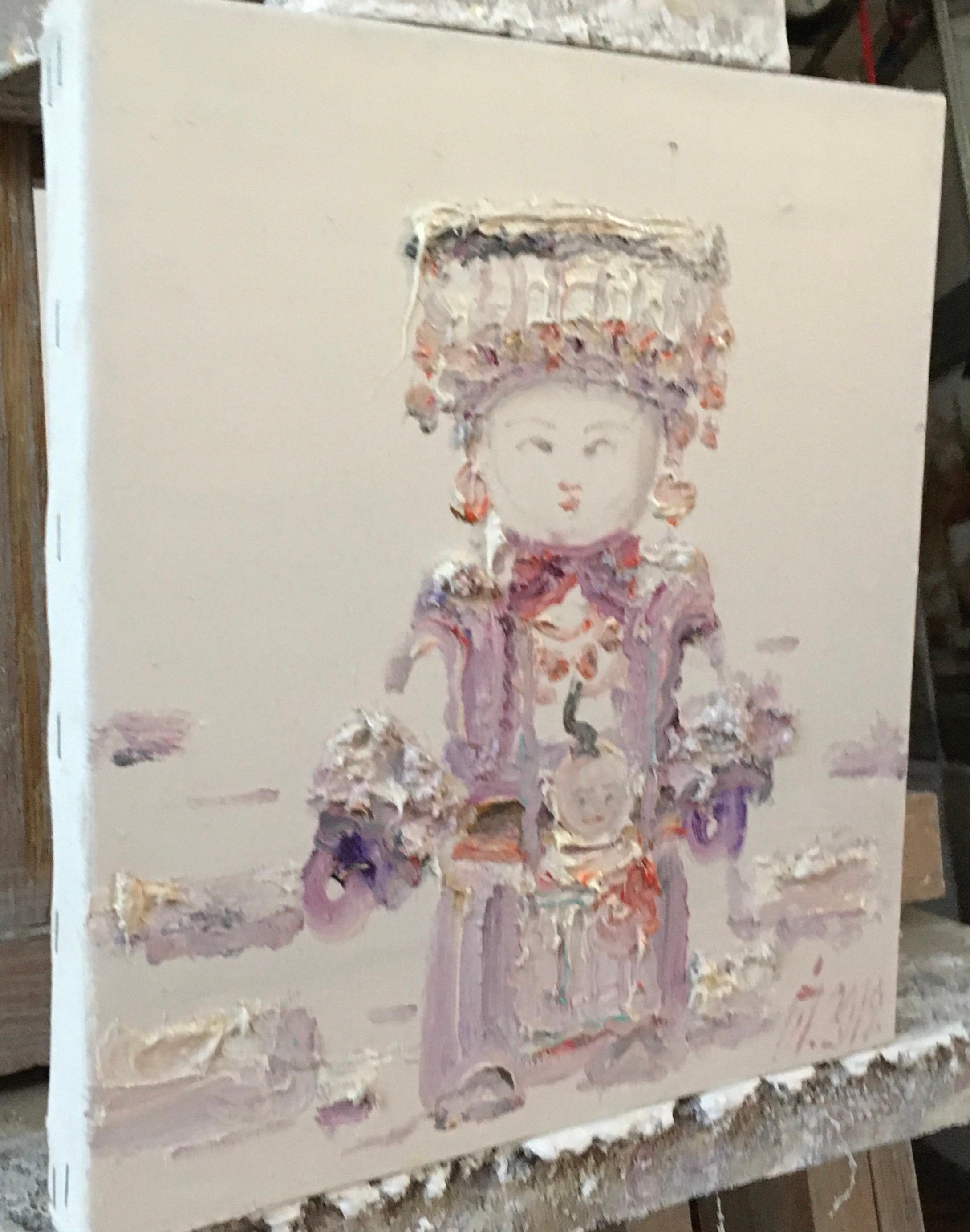 This image resembles a painting executed with thick, textured strokes of oil paint. Against a light, almost white background, there is a stylized figure of a doll in traditional dress. The image is painted in delicate pastel tones, predominantly