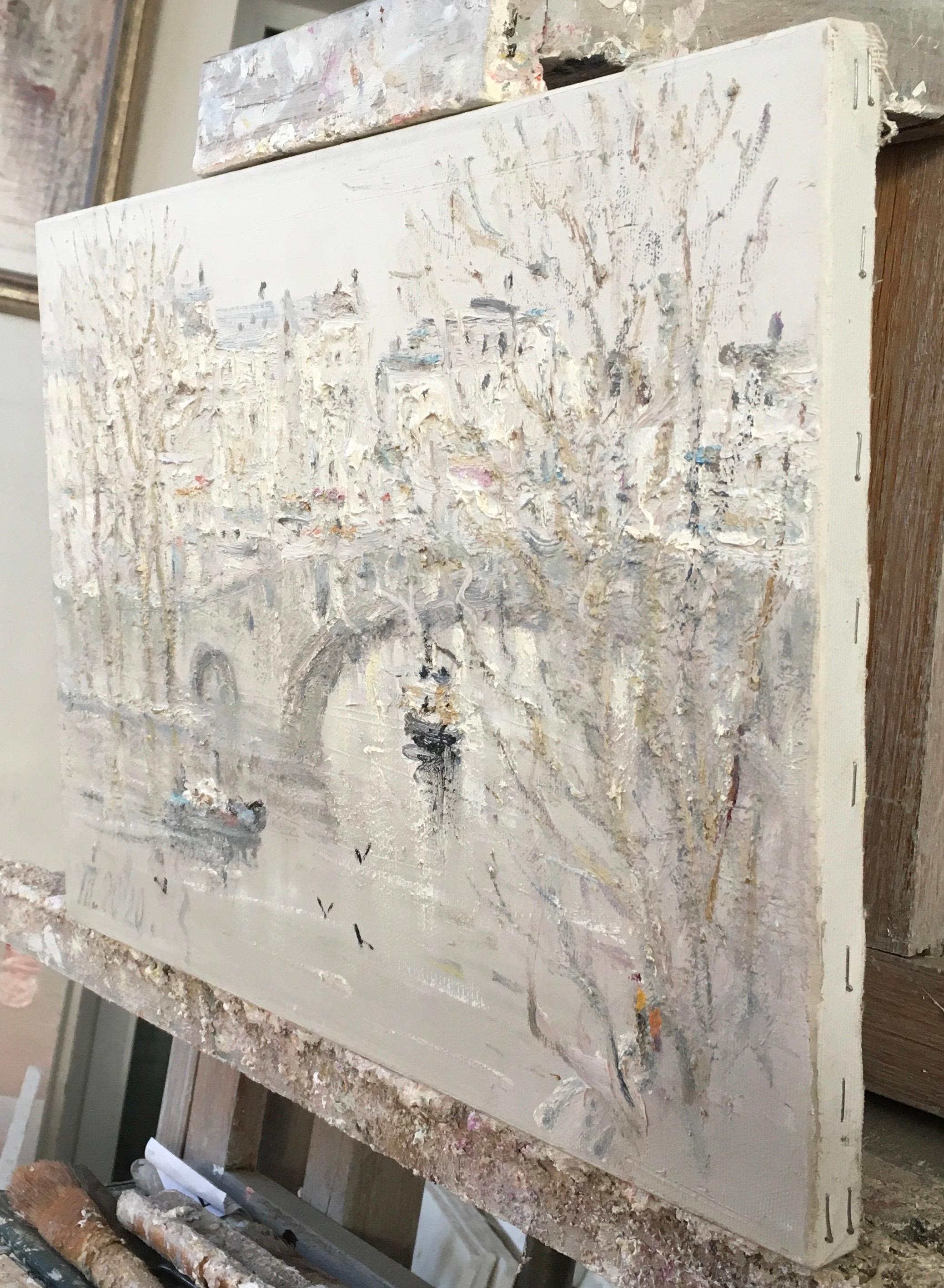 The canvas depicts the river Seine in the spring period. The work is dominated by delicate, light shades - blue, pinkish, green and golden. The artist conveys the movement of water, the reflection of the sky and the awakening nature.

In the