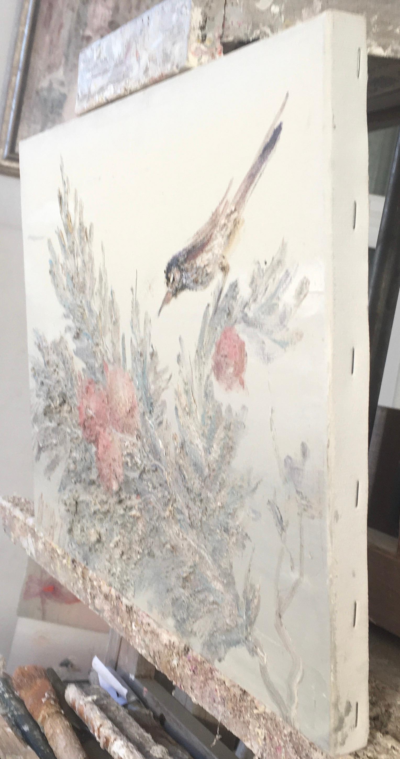 This is an artistic painting made in delicate pastel colors. It depicts a small bird with a long beak flying or leaning against a plant branch. The branch is covered with textured brushstrokes that imitate pine needles or other thin leaves, and