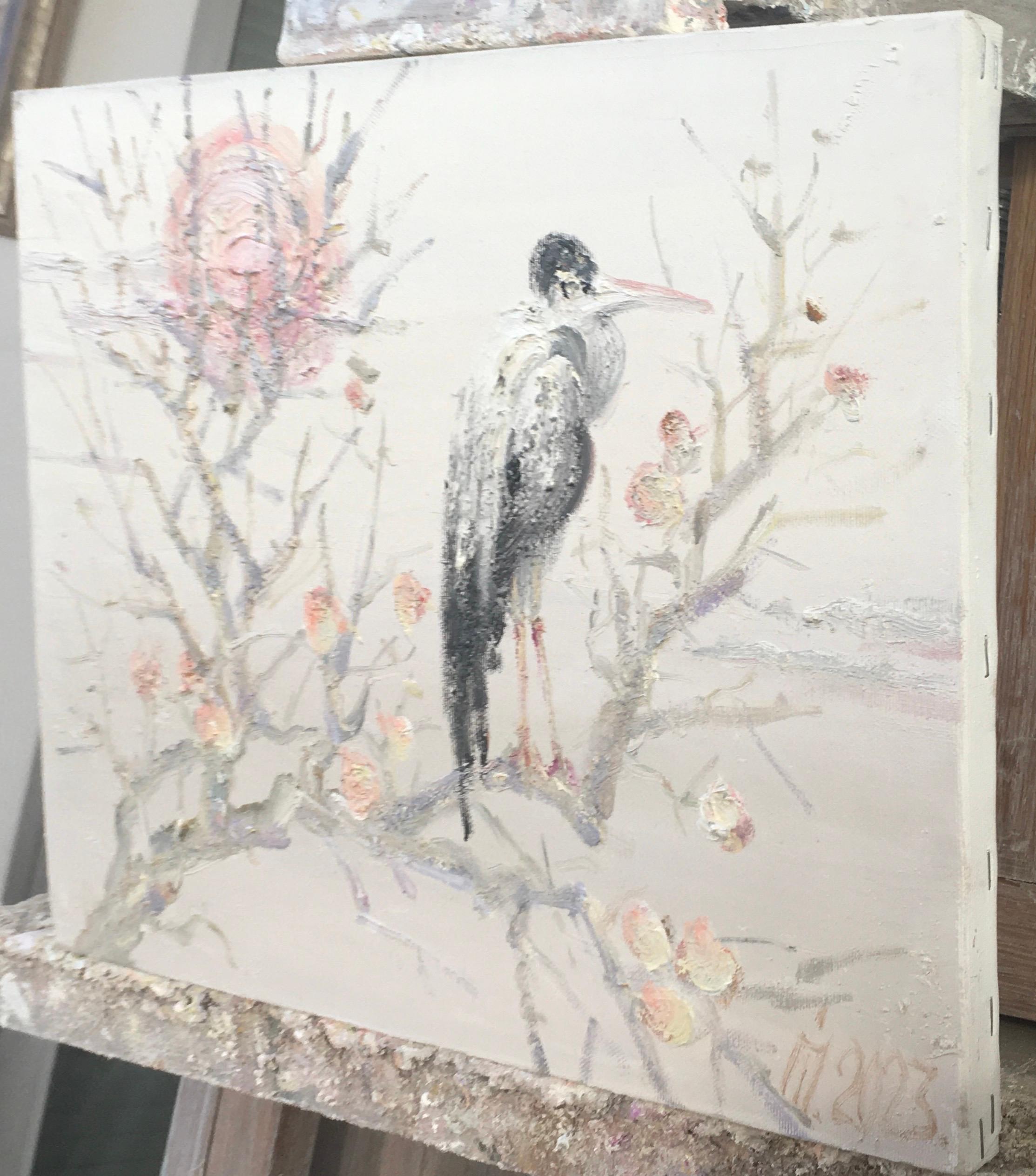 The painting shows a bird standing on a tree branch. Flowers can be seen around the branch. The background is made in light pastel colors, which creates a calm atmosphere. The painting has elements of texture painting, which gives the image volume