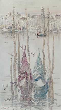 Dos góndolas, pintura paisajística impresionista, óleo sobre lienzo, 2017