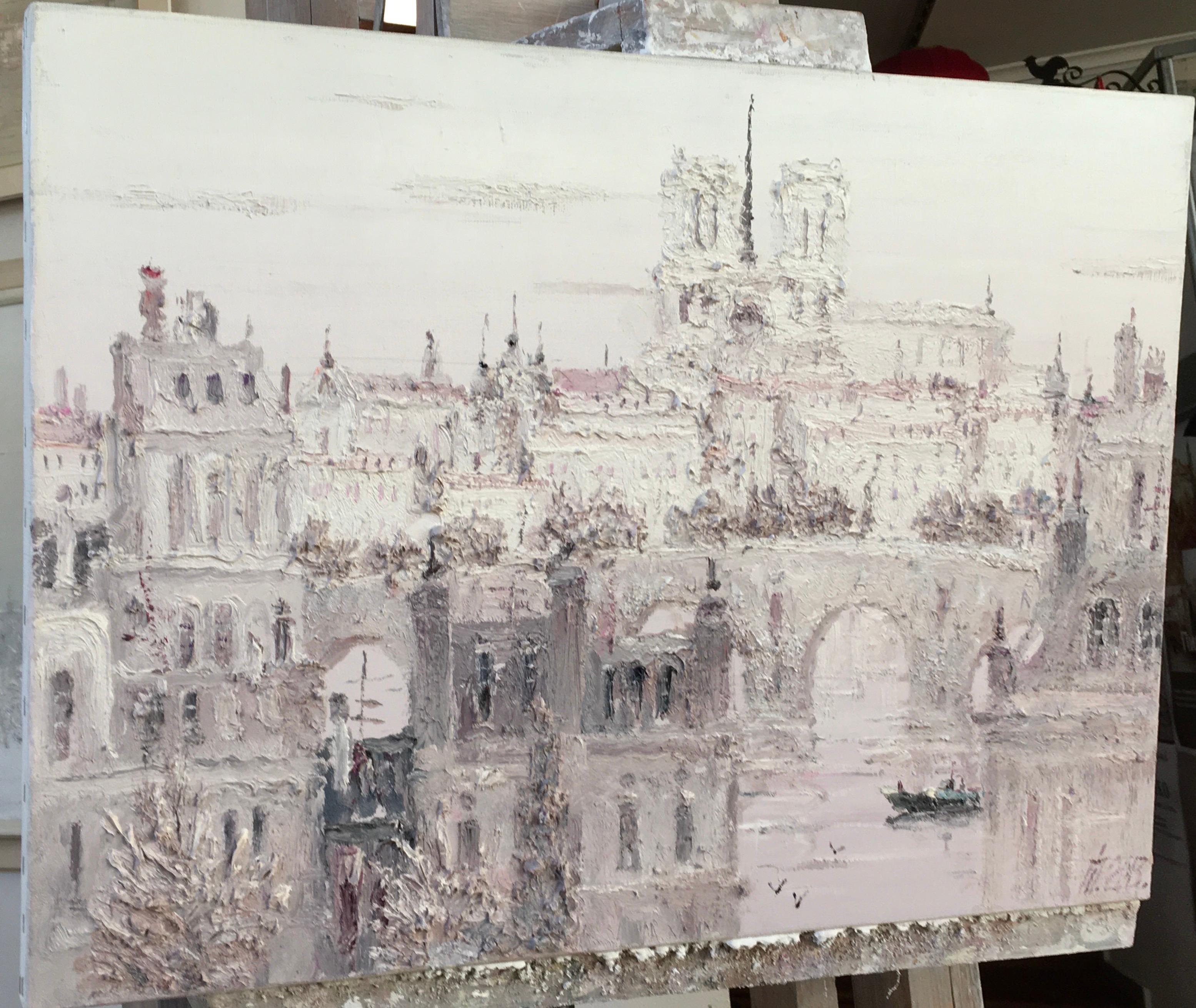 Das Gemälde ist in sanften Pastellfarben gehalten - zarte rosa-graue, cremefarbene und perlmuttfarbene Töne vermitteln den Eindruck von Nebel oder Morgenlicht. Der Künstler arbeitet mit strukturierten Pinselstrichen: die Farbe ist dick aufgetragen,