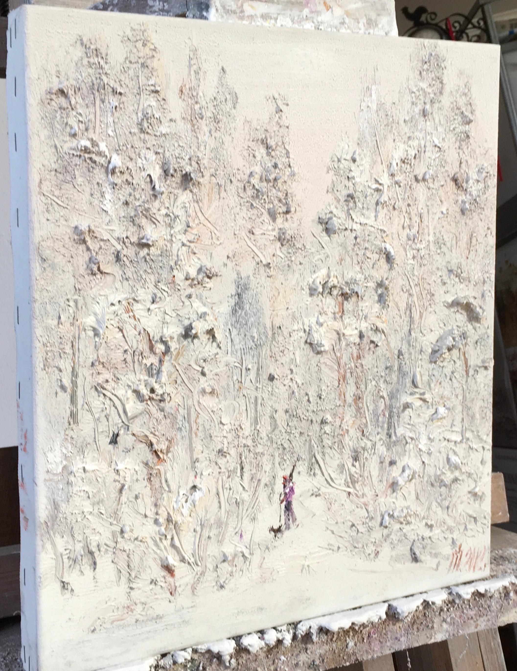 This painting is done in pastel, almost monochrome tones, with shades of white, gray, and light hints of beige predominating. The painting technique is textured, with thick strokes of paint creating a relief surface reminiscent of snow covering