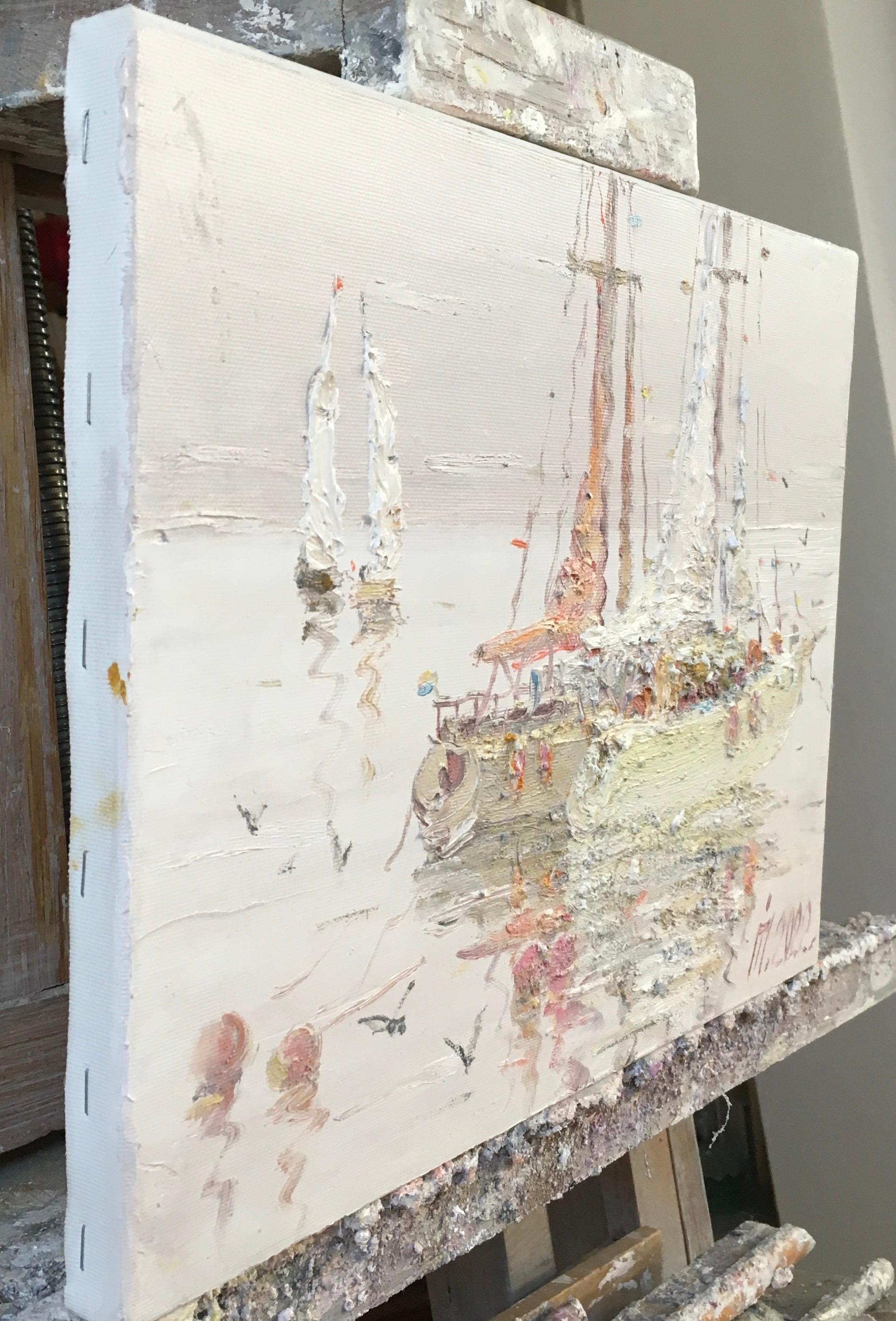 „Yachts während des Urlaubs“ (Grau), Landscape Painting, von Ivan Pylypenko