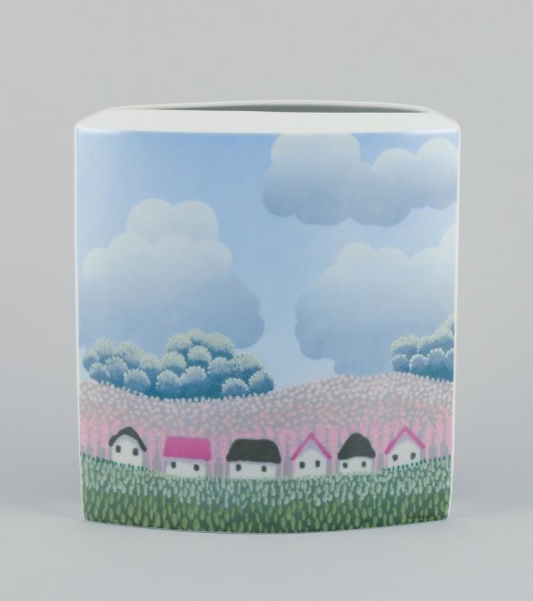 Ivan Rabuzin for Rosenthal,Studio-Linie,  Germany. 
Large porcelain vase. Naive motif of houses in a landscape.
Model number 3512/24.
Late 20th century.
Marked.
Perfect condition.
First factory quality.
Dimensions: H 24.0 cm x W 21.5 cm x D 9.0 cm.
