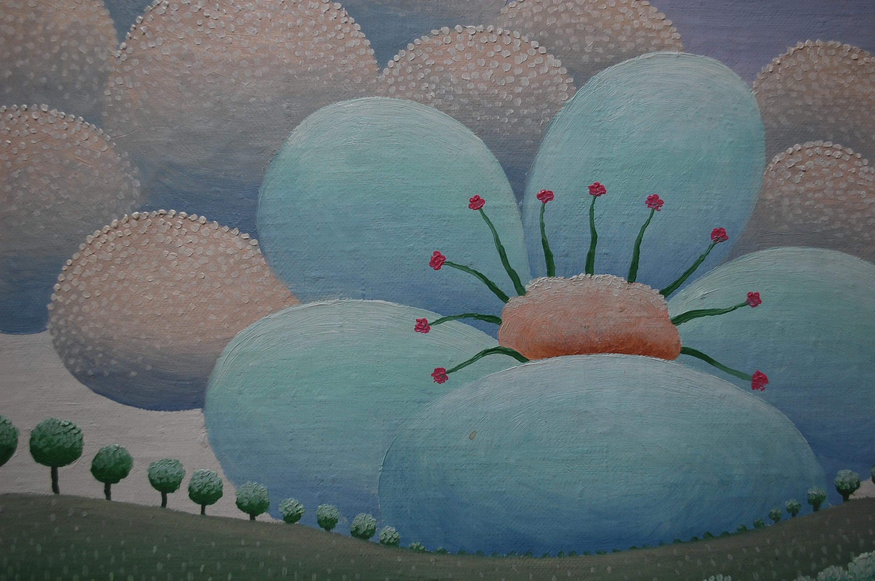 Grande fleur de printemps - Peinture de paysage surréaliste - Pointillisme Painting par Ivan Rabuzin