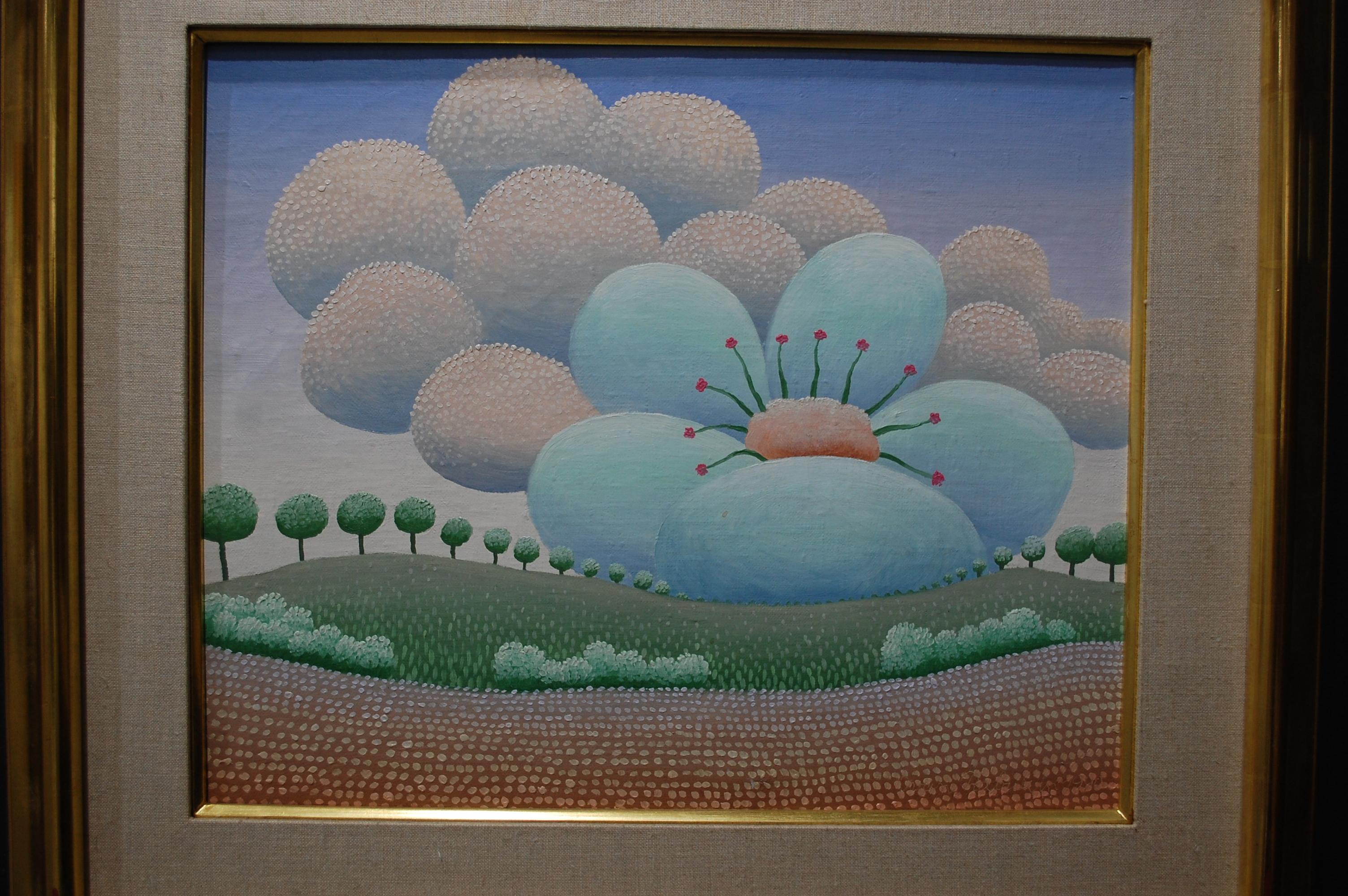 Surrealistisches Landschaftsgemälde, Große Frühlingsblume
1990
Künstler signiert unten rechts, Öl auf Leinwand 15 