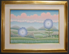 Retro Blue Flowers In The Landscape Oil Painting