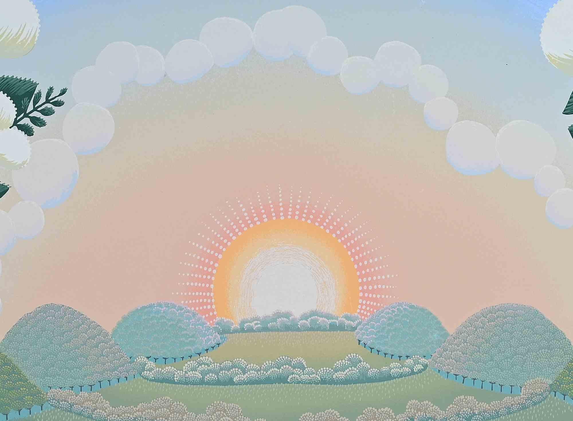 Breaking Dawn is an original colored serigraph hand-signed (whole signature)  and numbered in pencil on the lower margin.  

In excellent conditions.

This beautiful print representing the dawn with a big orange sun above a vast thriving plain is