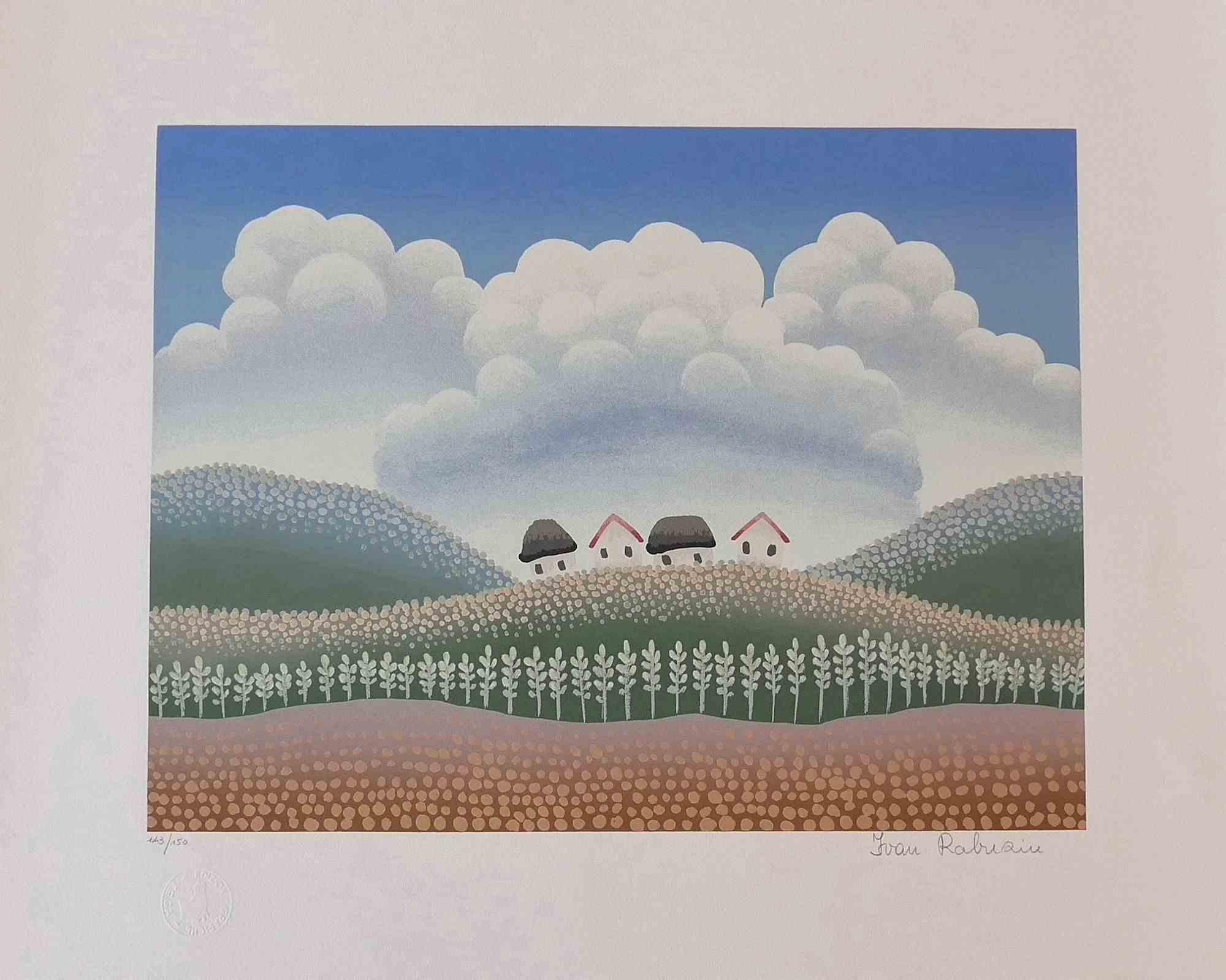 Country Town is an original colored screen print realized by Ivan Rabuzin in the 1990s.

Hand-signed on the lower margin. Numbered on the lower left.143/150.

This very fine print representing a little lovealy town around some sweet hills is