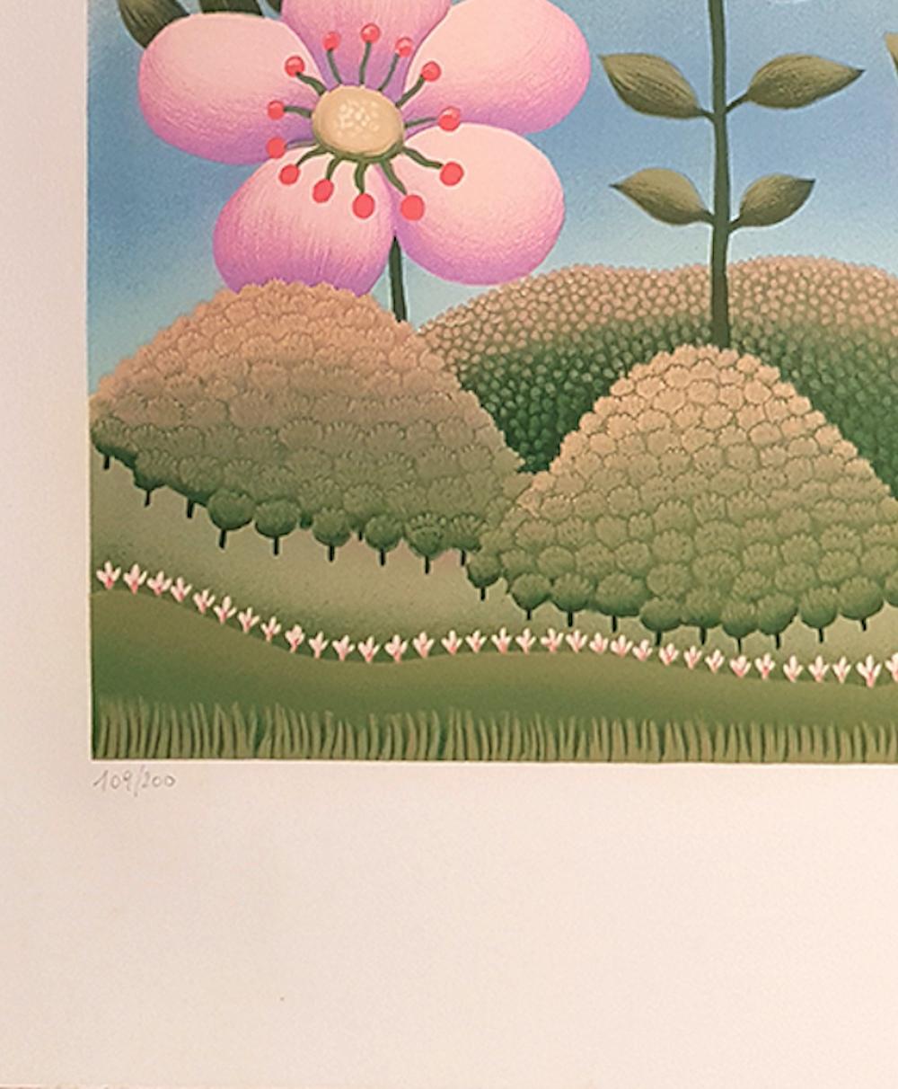 Flower in the Landscape - Screen Print by I. Rabuzin - 1980 - Beige Figurative Print by Ivan Rabuzin