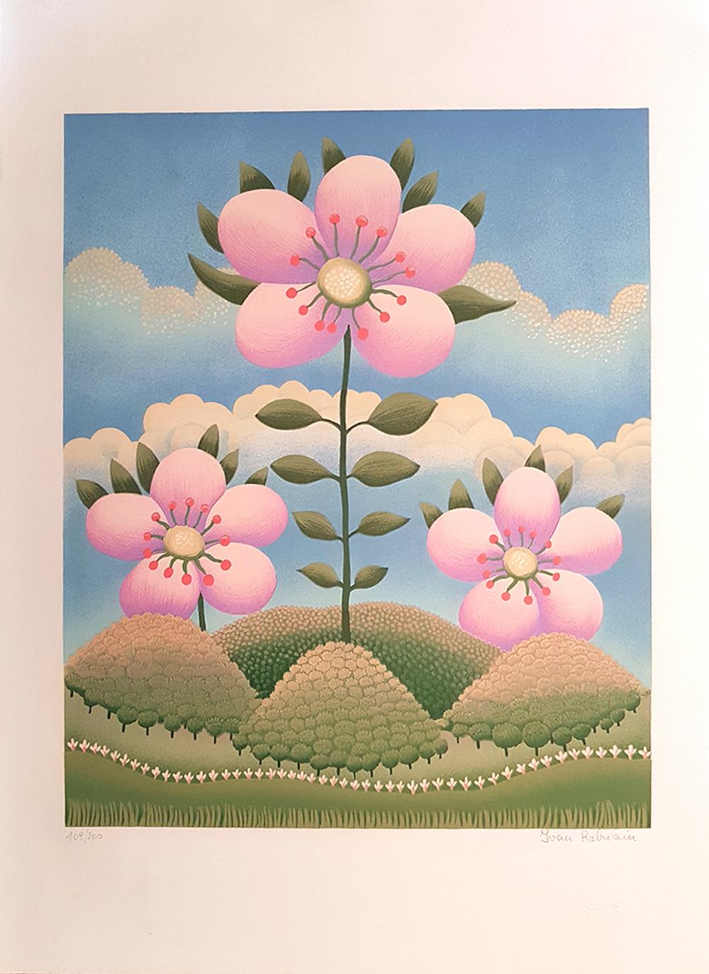 Ivan Rabuzin Figurative Print - Flower in the Landscape - Screen Print by I. Rabuzin - 1980