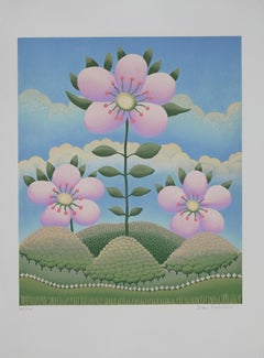 Flowers in Landscape - Original Lithograph by Ivan Rabuzin - 1980s