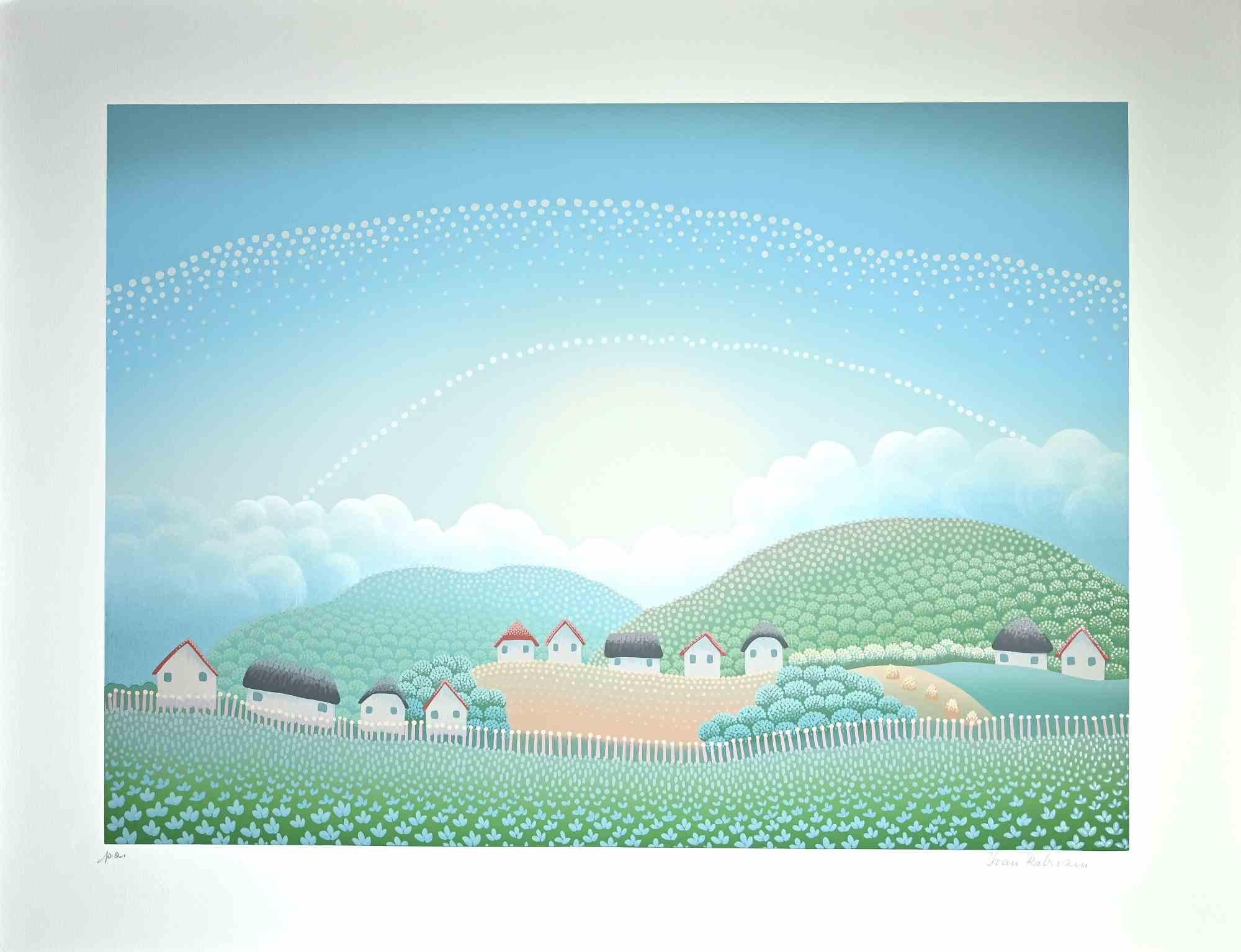 Happy Village is an original colored screen print on paper realized by Ivan Rabuzin in the 1990s.

Hand-signed in pencil on the lower margin.  Artist's proof. 

Excellent conditions. 

This very fine print, representing a happy village rising among