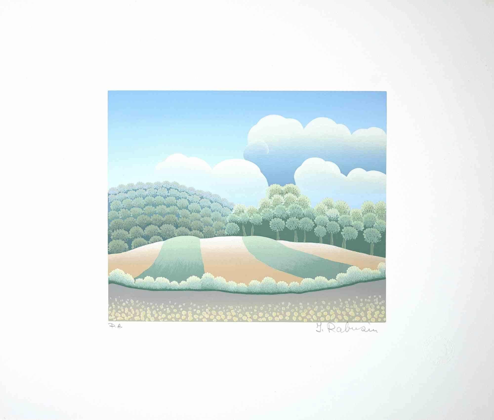 Landscape est une sérigraphie originale en couleur sur papier réalisée par Ivan Rabuzin dans les années 1990.

Signé à la main au crayon dans la marge inférieure.  

Excellentes conditions. 

Cette gravure très fine, représentant un paysage