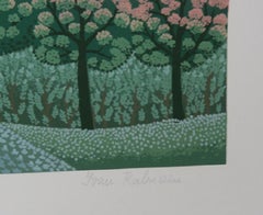 Pink Flower and Pink Trees, Signed Floral Folk Art Screenprint by Ivan Rabuzin