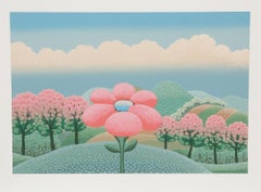 Pink Flower and Pink Trees, Signed Floral Folk Art Screenprint by Ivan Rabuzin