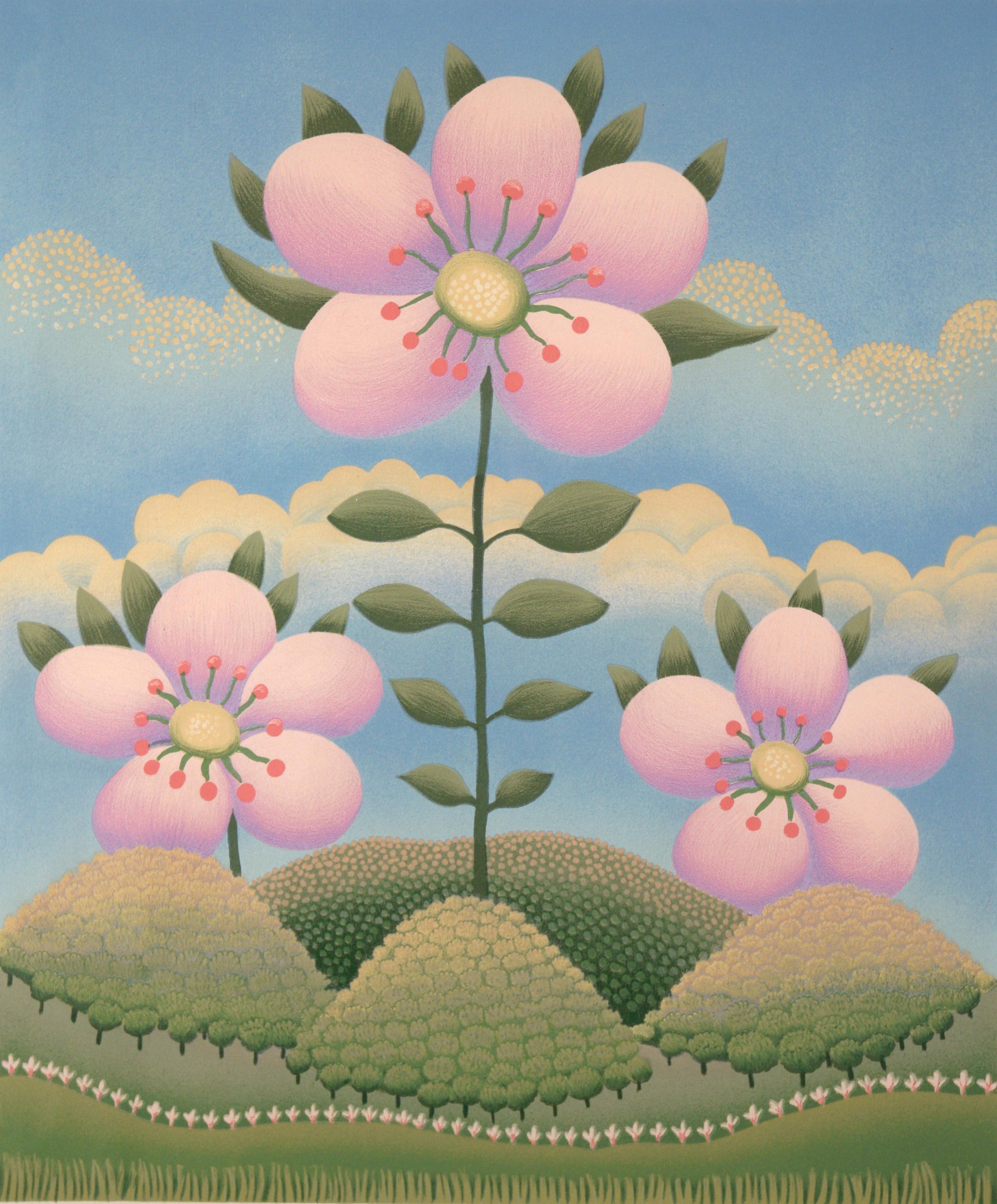 Pink Flowers - Limited Edition Naive Serigraph - Print by Ivan Rabuzin